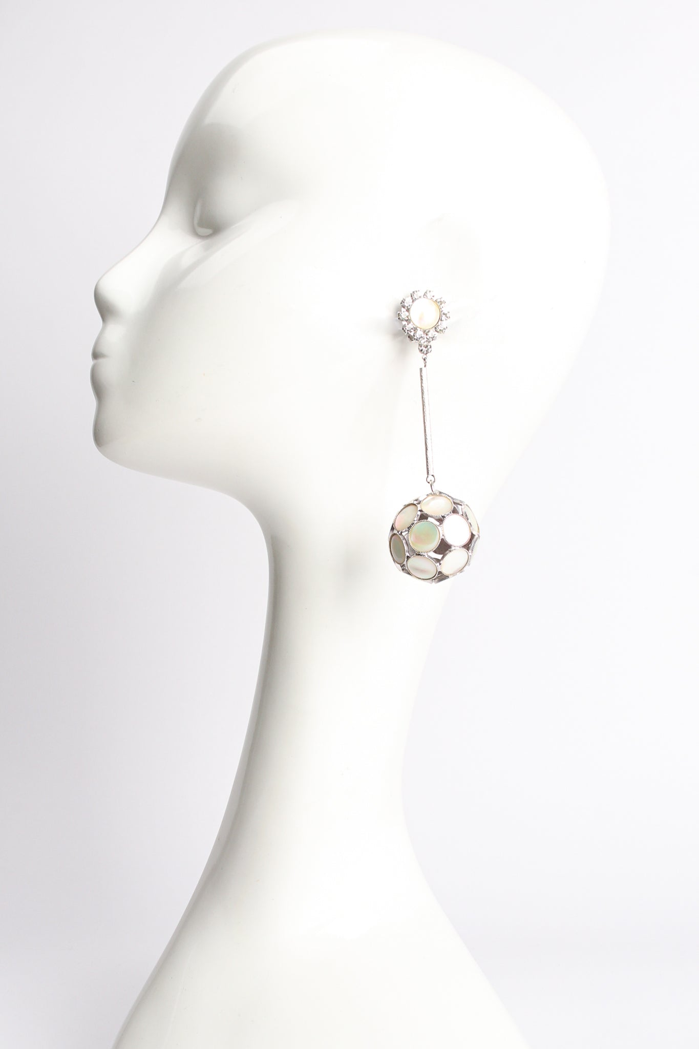 Vintage Mother-Of-Pearl Ball Drop Earrings on mannequin at Recess Los Angeles