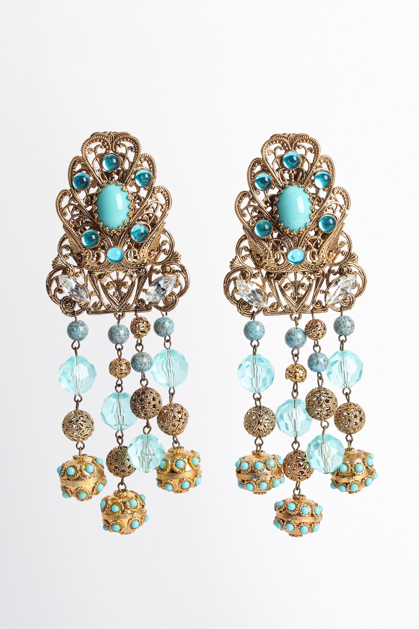 Vintage Fleur Filigree Jeweled Chandelier Earrings front hang @ Recess LA
