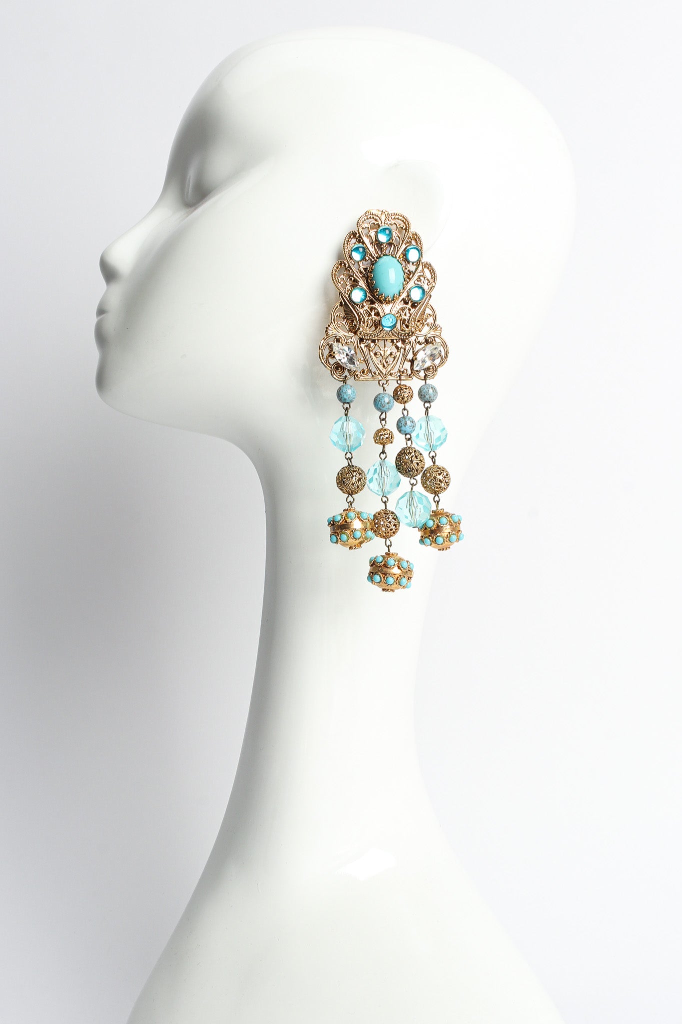 Vintage Fleur Filigree Jeweled Chandelier Earrings on mannequin @ Recess LA