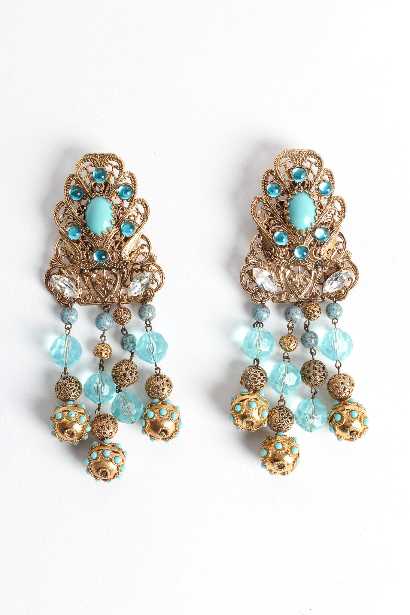 Vintage Fleur Filigree Jeweled Chandelier Earrings front flat @ Recess LA