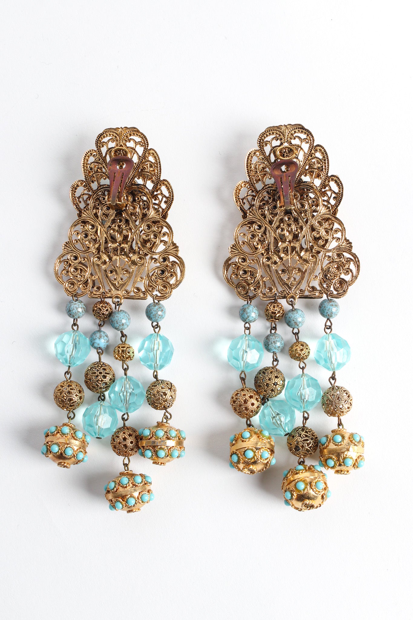Vintage Fleur Filigree Jeweled Chandelier Earrings tarnished backings @ Recess LA