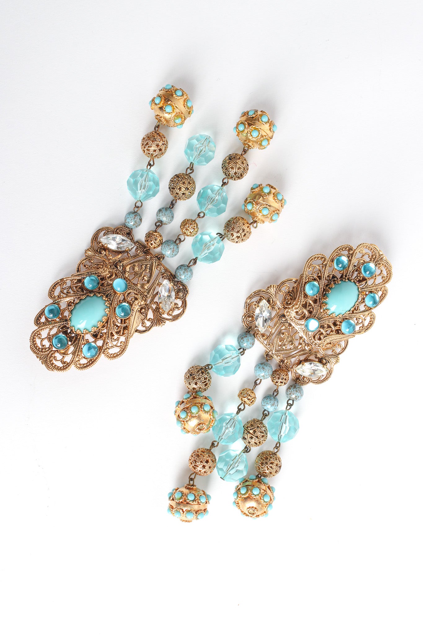Vintage Fleur Filigree Jeweled Chandelier Earrings diagonal flat @ Recess LA
