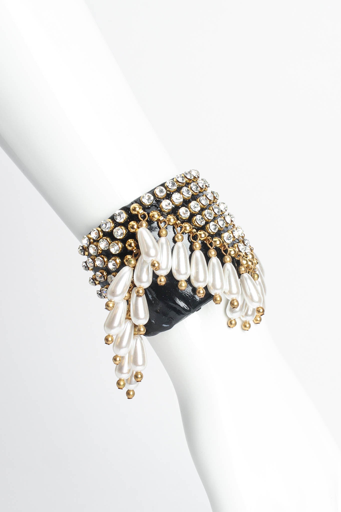 Vintage Patent Leather Rhinestone & Pearl Cuff on mannequin wrist @ Recess Los Angeles