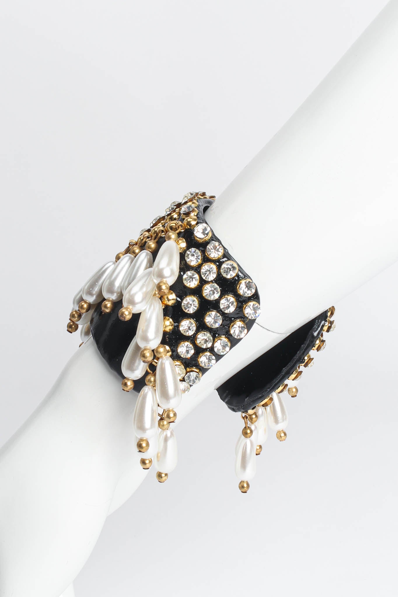 Vintage Patent Leather Rhinestone & Pearl Cuff on mannequin wrist @ Recess Los Angeles