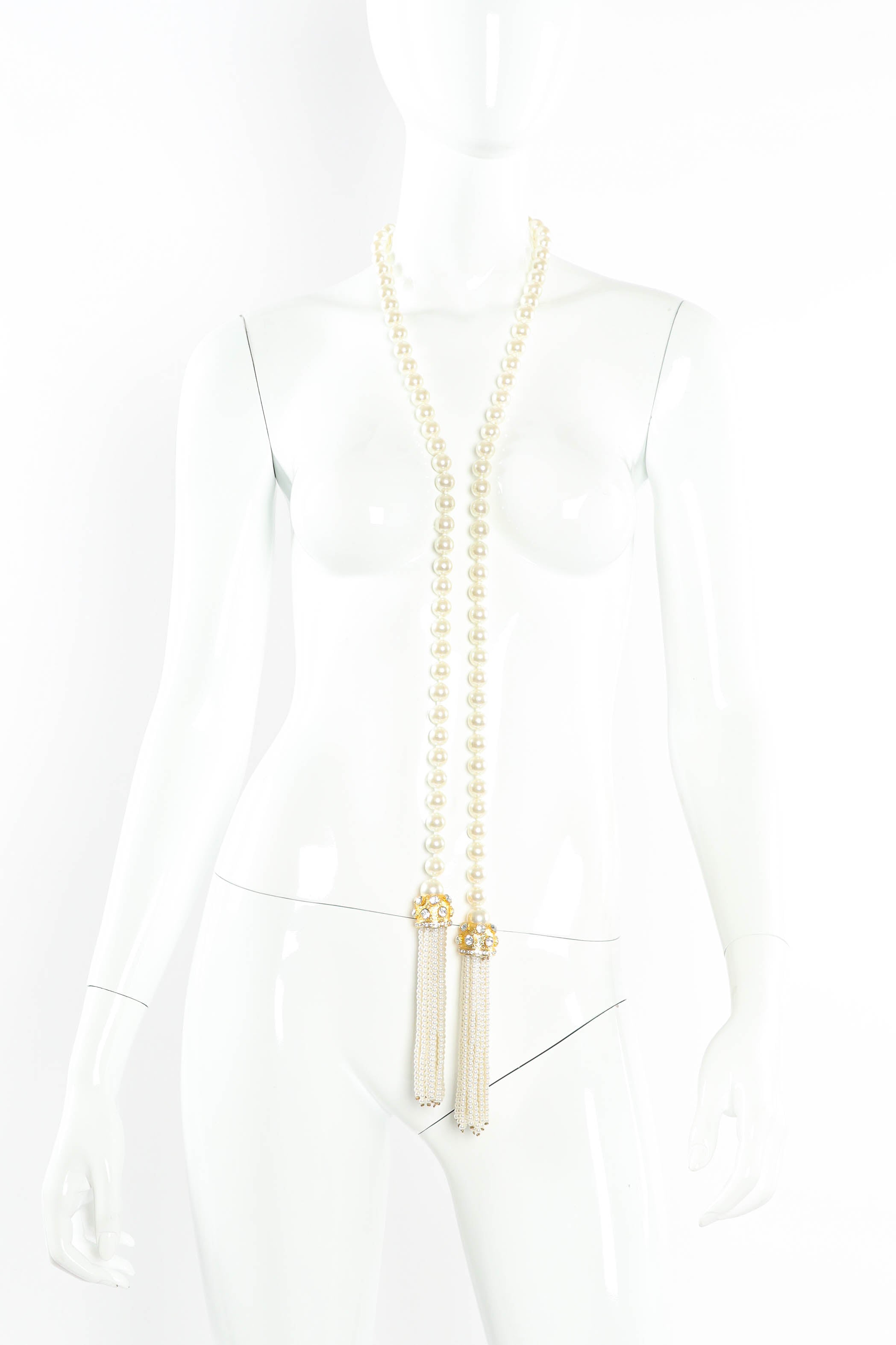 Vintage Pearl Bead Tassel Wrap Lariat mannequin around neck @ Recess Los Angeles