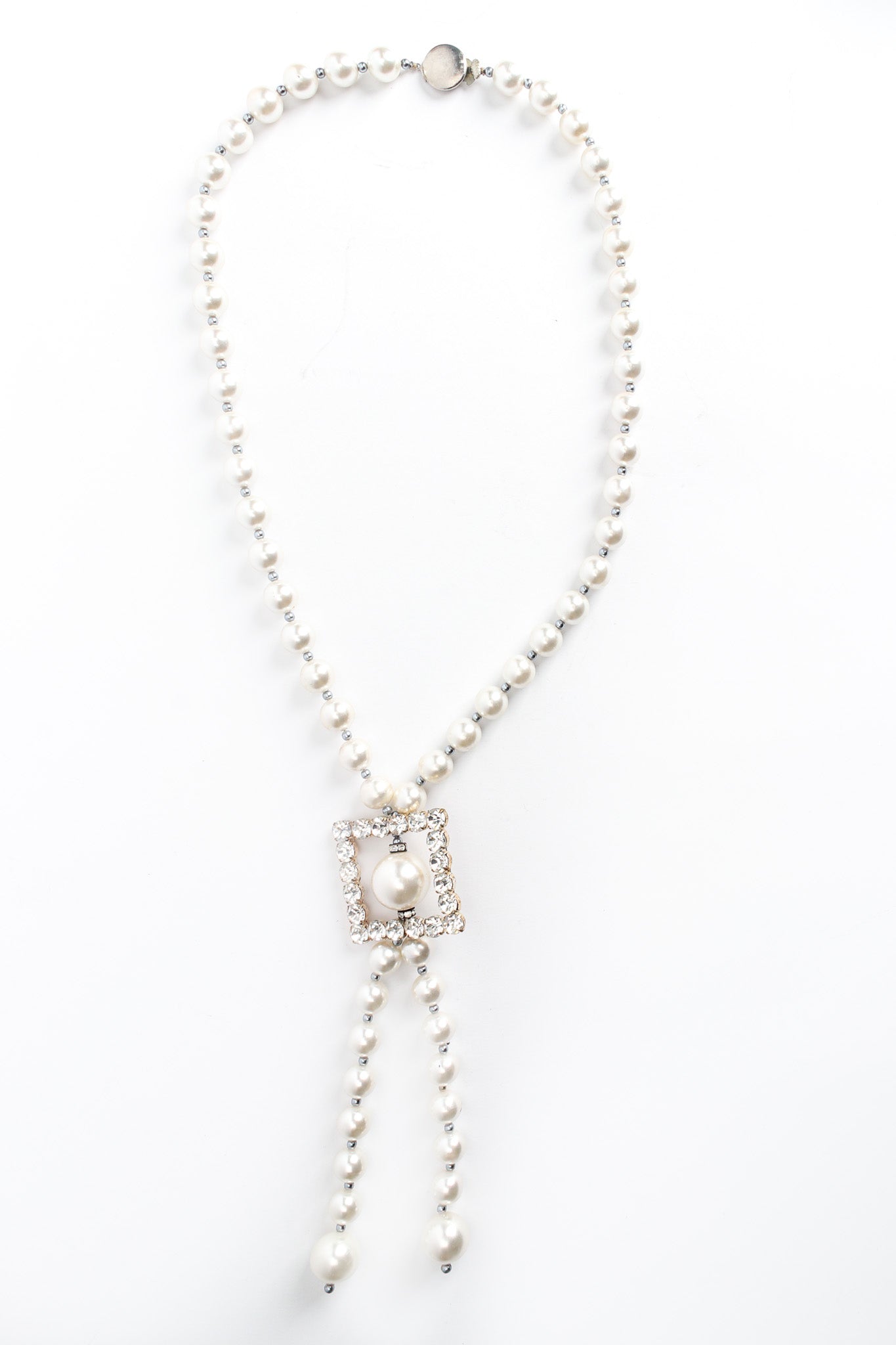 Vintage Elongated Pearl & Rhinestone Necklace front @ Recess LA