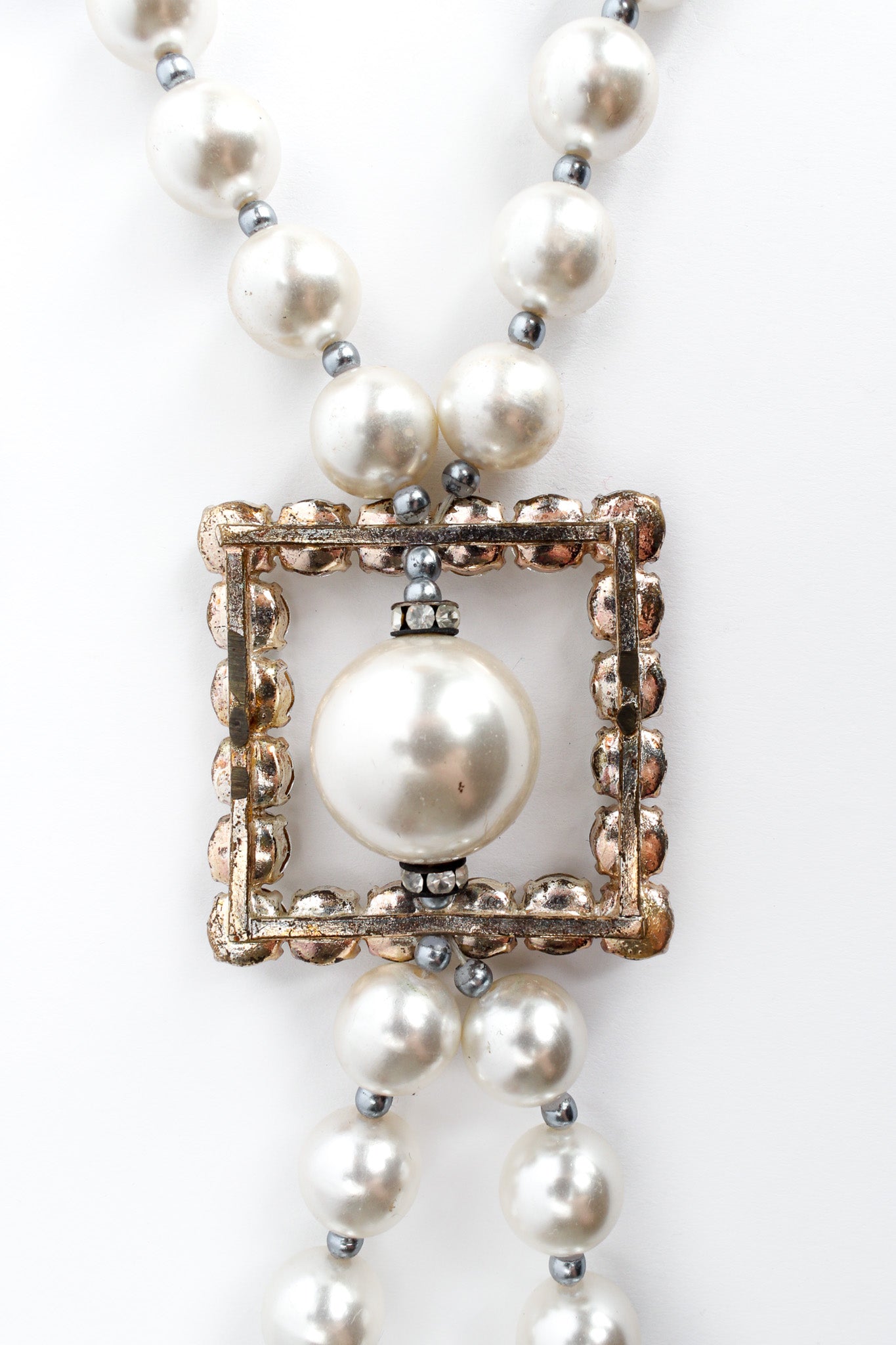Vintage Elongated Pearl & Rhinestone Necklace reverse pendant/discoloration @ Recess LA