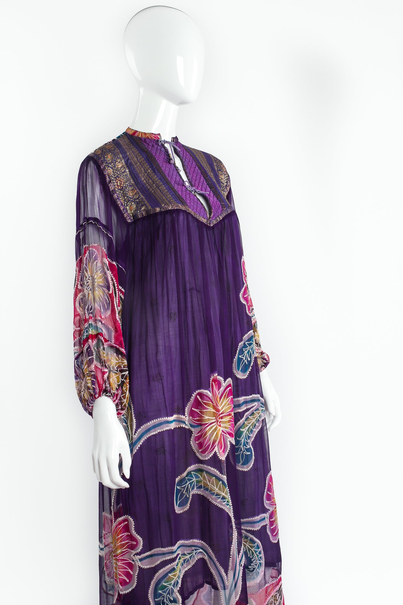 Vintage Silk Chiffon Floral Embroidered Indian Dress on Mannequin crop at Recess Los Angeles