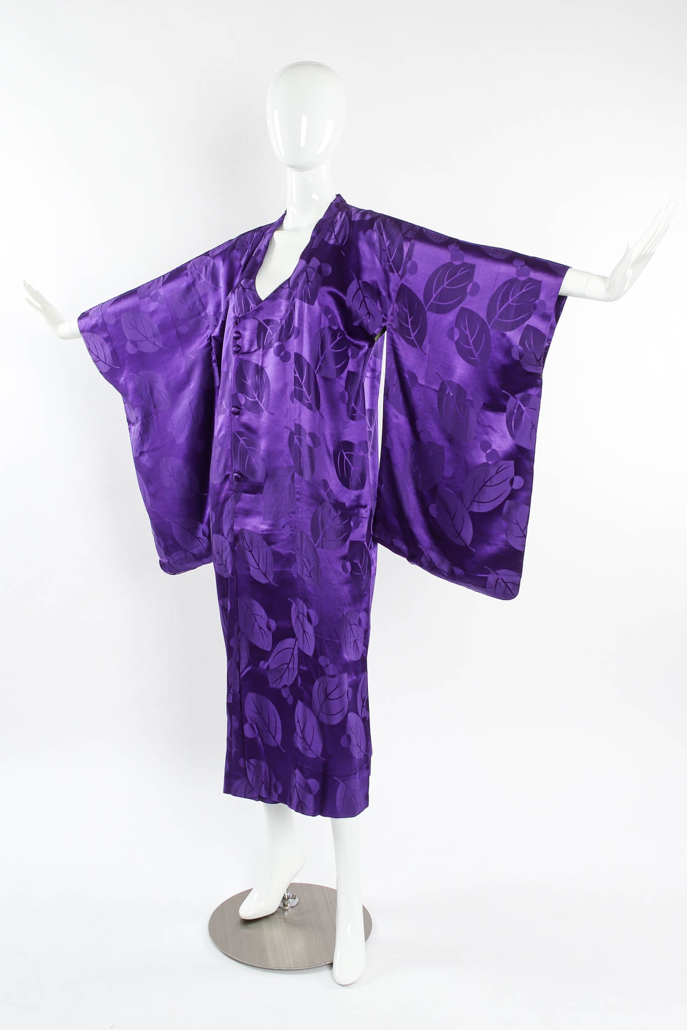 Vintage Majestic Purple Leaf Print Silk Kimono mannequin side angle @ Recess Los Angeles