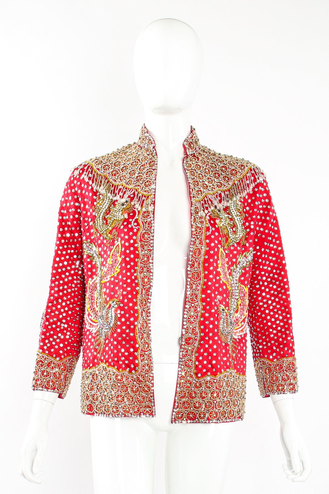Vintage Embellished Chinese Satin Zip Jacket on Mannequin open at Recess Los Angeles