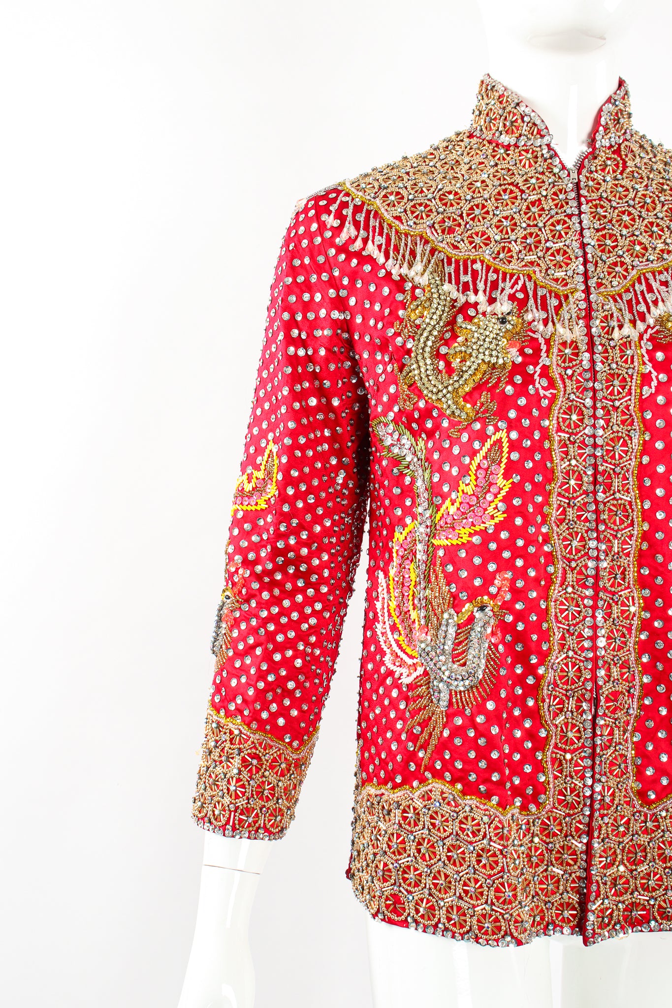 Vintage Embellished Chinese Satin Zip Jacket on Mannequin crop at Recess Los Angeles