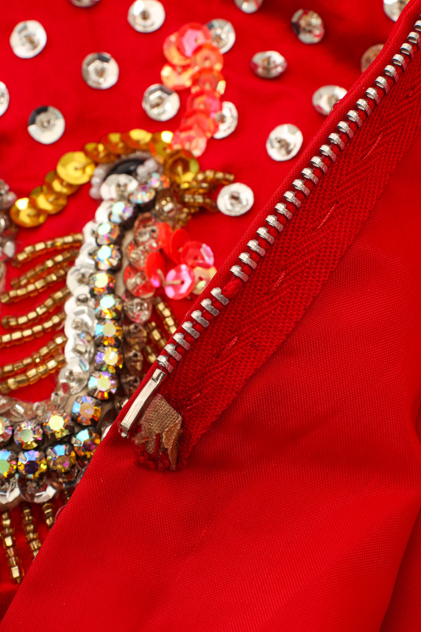 Vintage Embellished Chinese Satin Zip Jacket missing zipper teeth at Recess Los Angeles