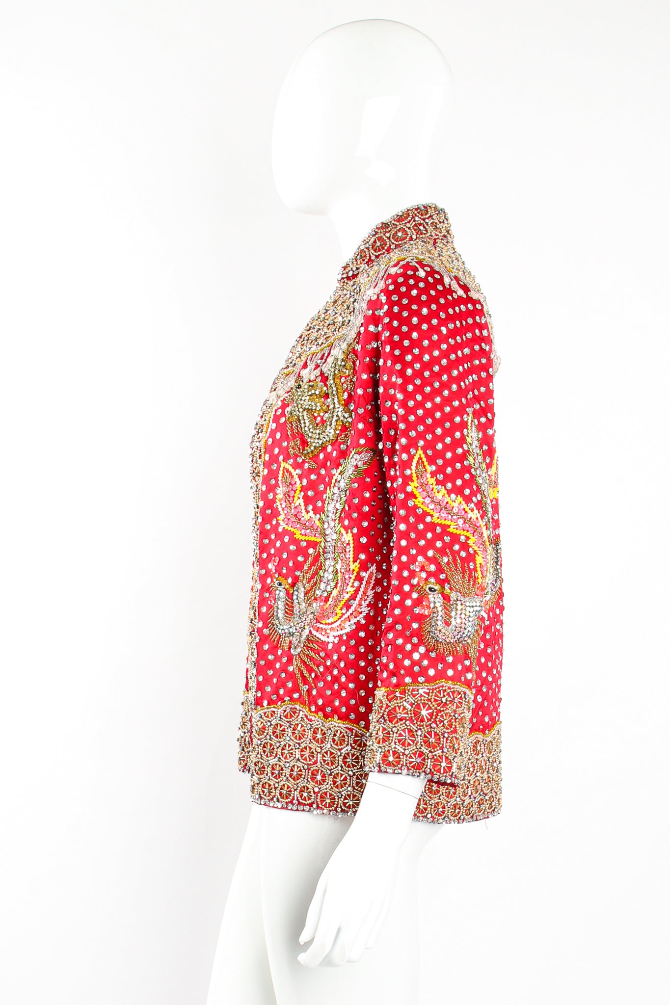 Vintage Embellished Chinese Satin Zip Jacket on Mannequin side at Recess Los Angeles