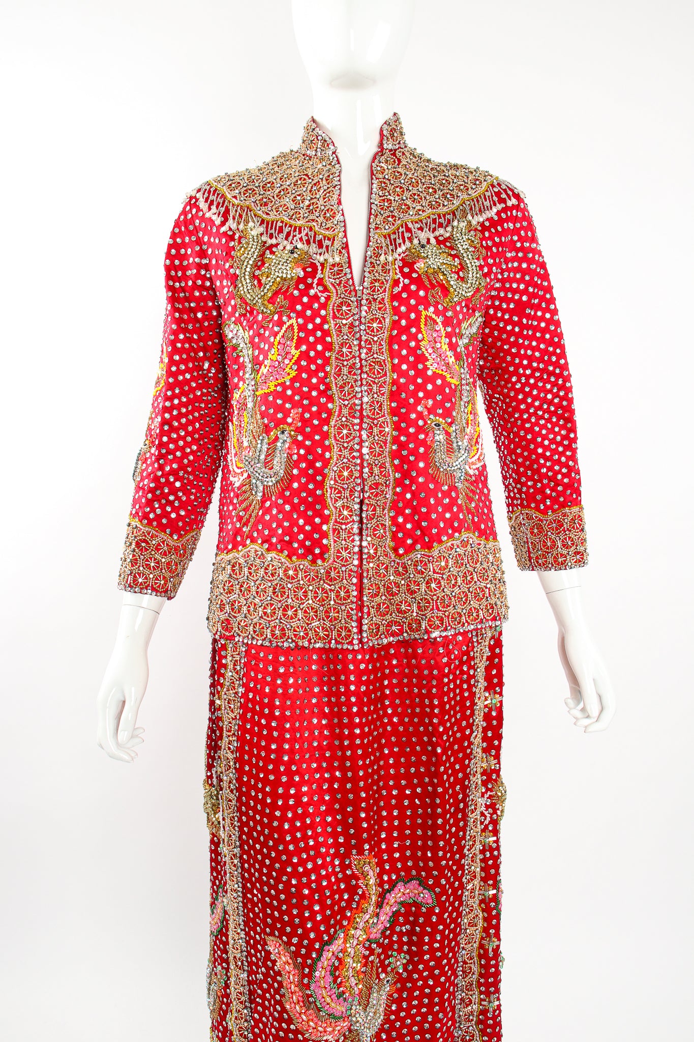 Vintage Embellished Chinese Satin Zip Jacket & skirt on Mannequin at Recess Los Angeles