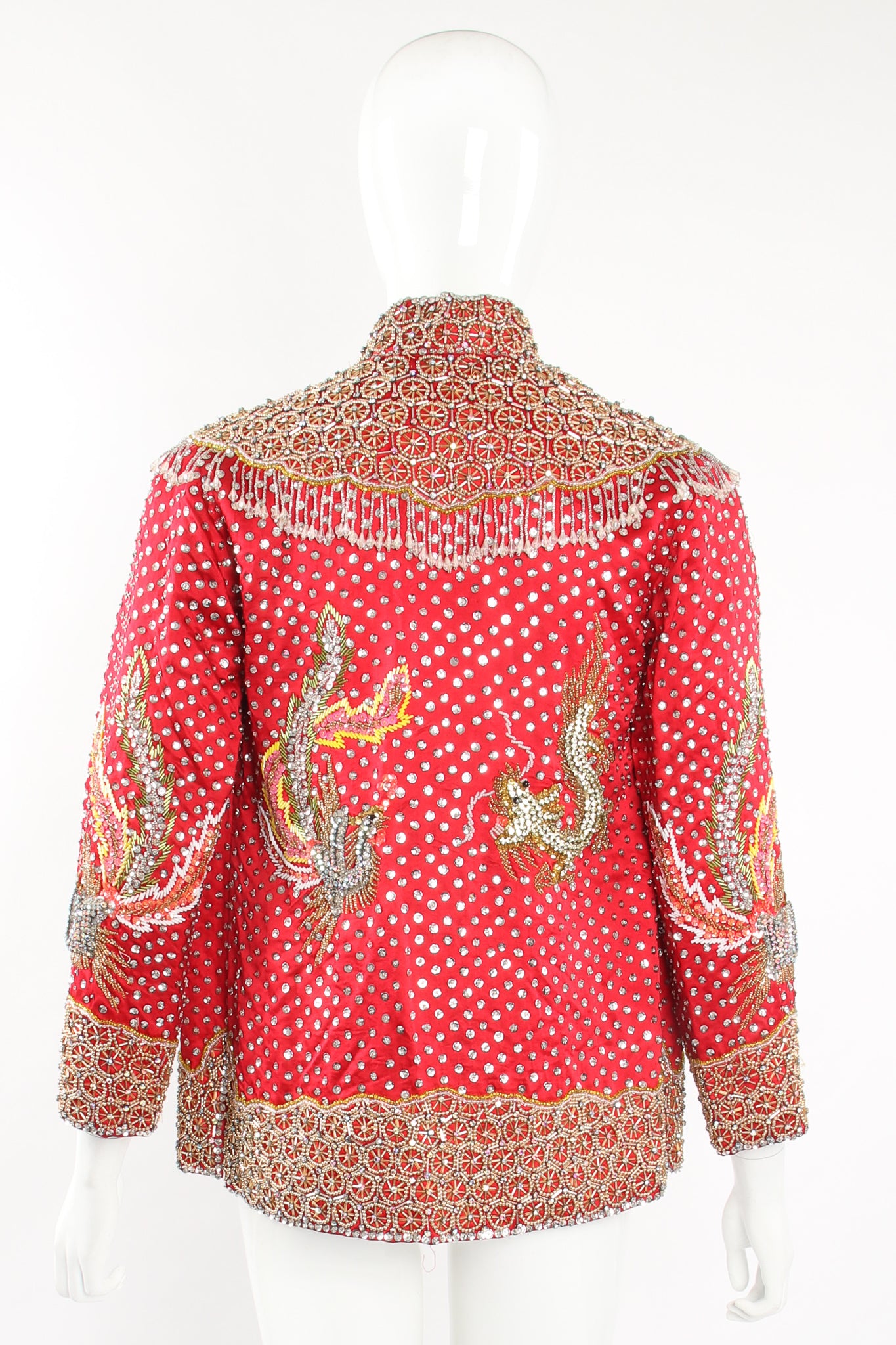 Vintage Embellished Chinese Satin Zip Jacket on Mannequin back at Recess Los Angeles