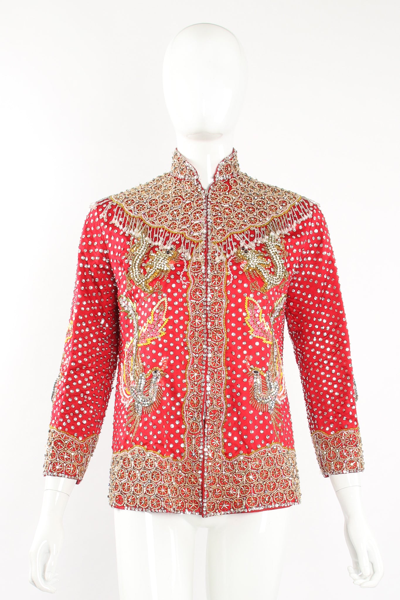 Vintage Embellished Chinese Satin Zip Jacket on Mannequin front at Recess Los Angeles