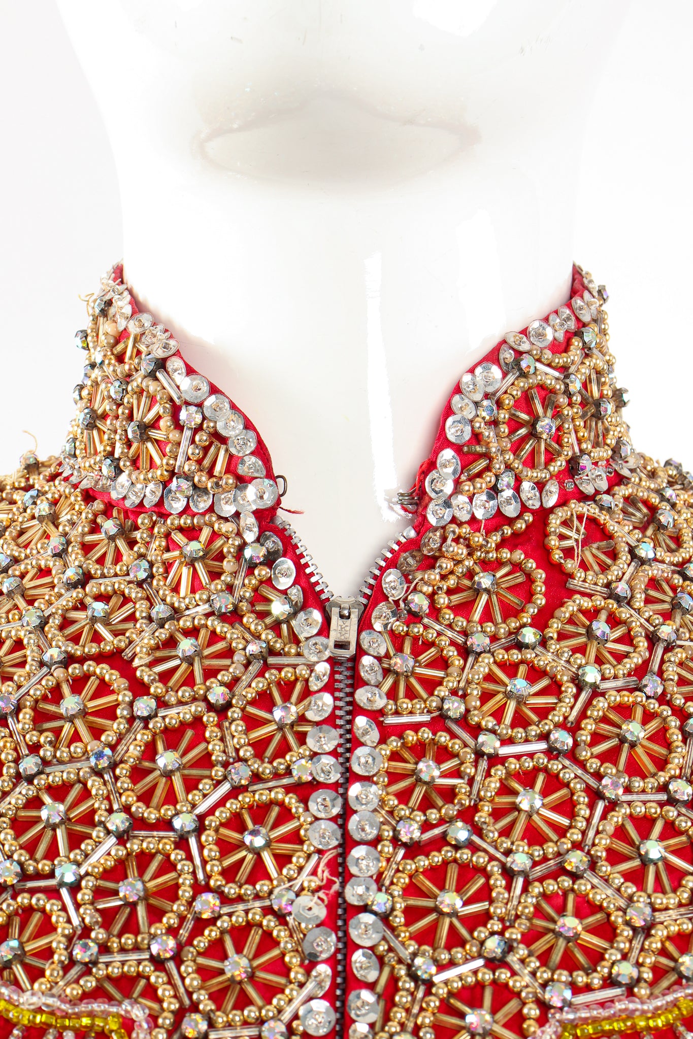 Vintage Embellished Chinese Satin Zip Jacket on Mannequin collar at Recess Los Angeles