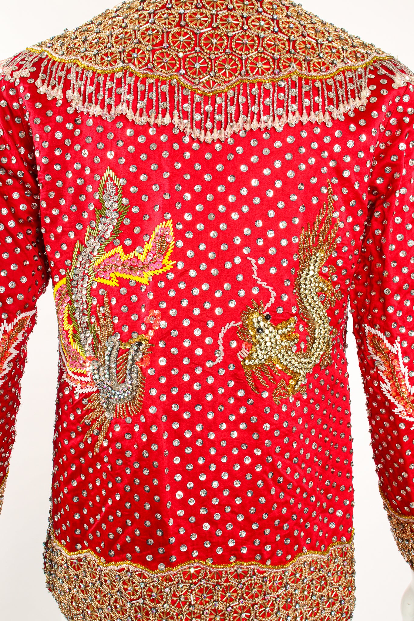 Vintage Embellished Chinese Satin Zip Jacket on Mannequin back crop at Recess Los Angeles
