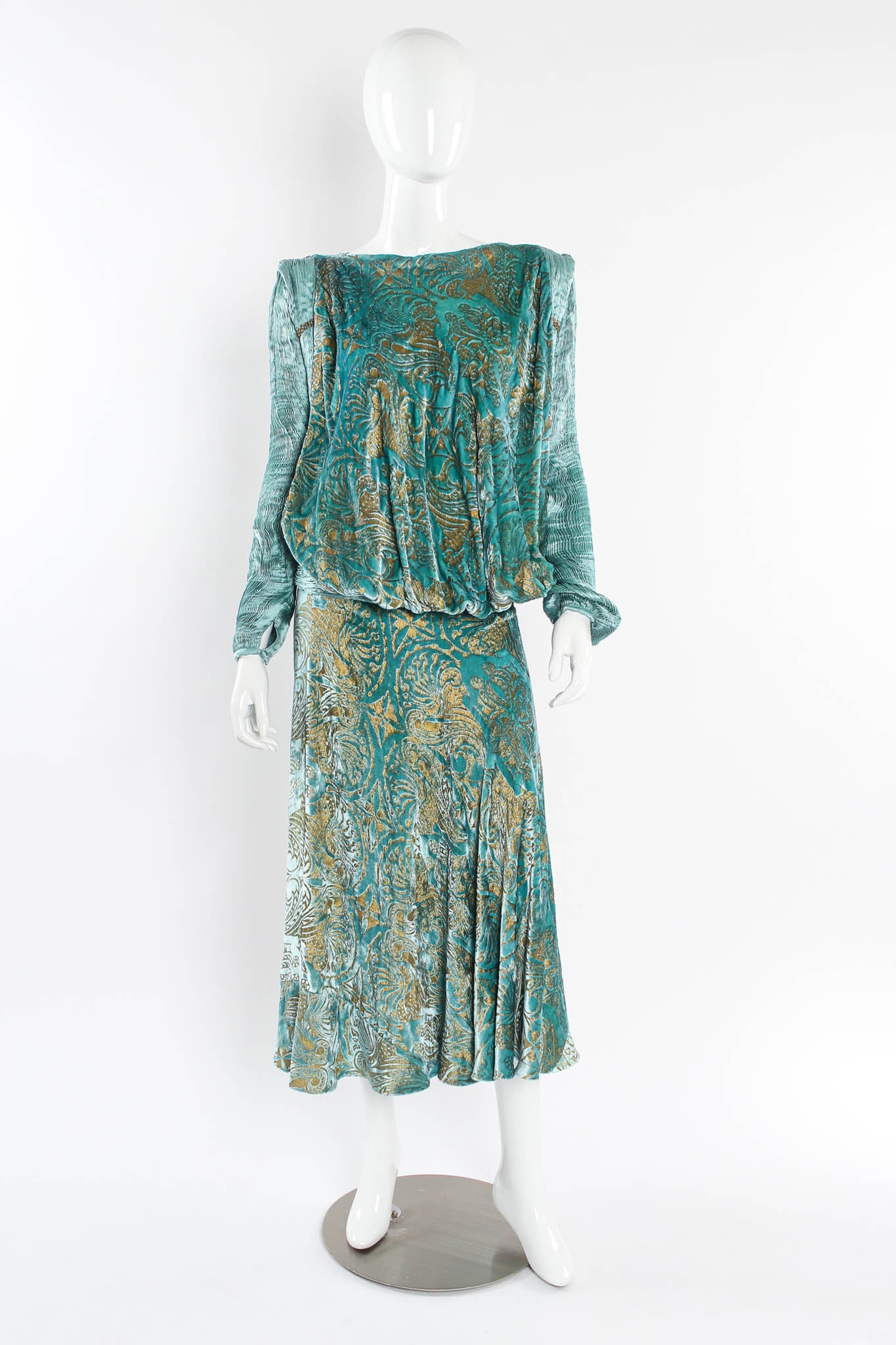 Vintage Silk Velvet Pleated Drape Dress mannequin front no scarf @ Recess Los Angeles