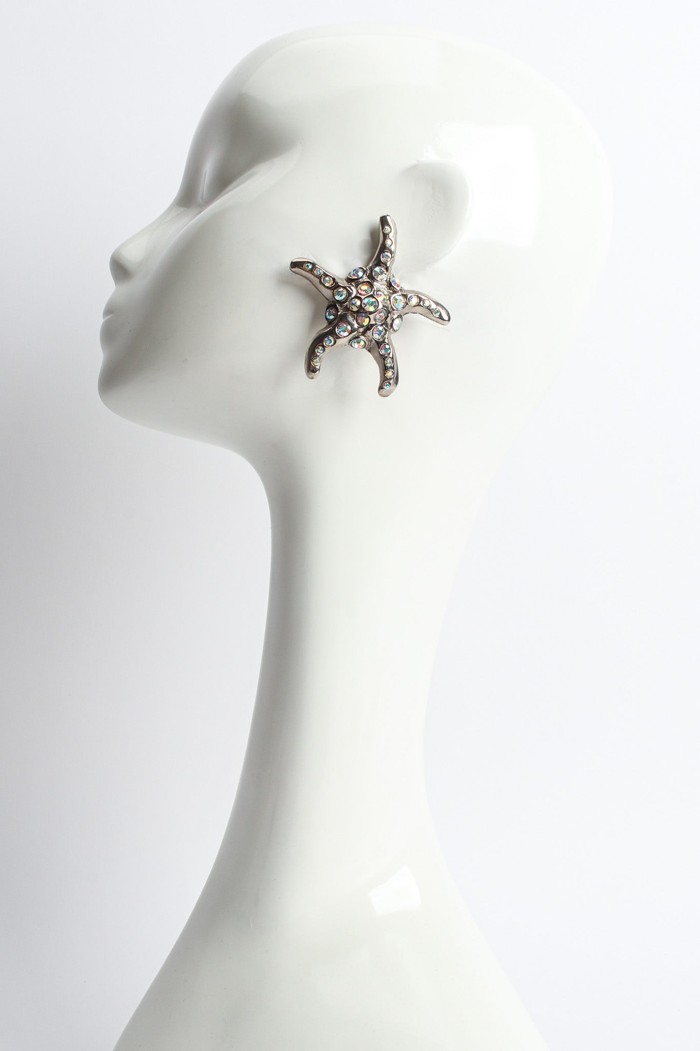 Vintage Iridescent Rhinestone Starfish Earrings mannequin front @ Recess Los Angeles