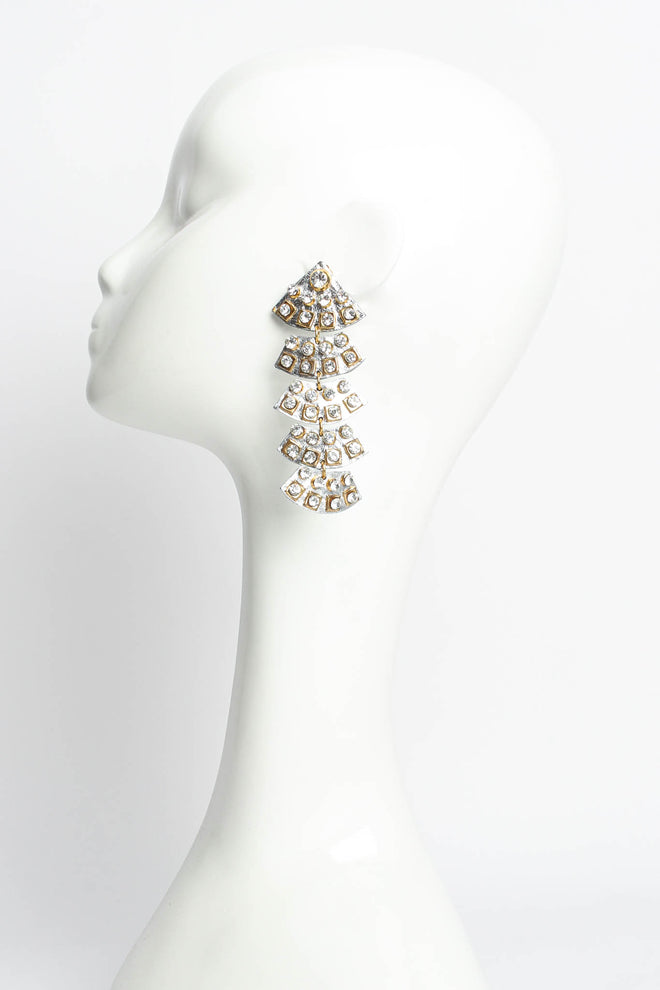 Vintage Metallic Silver Leather Geo Rhinestone Earrings on mannequin @ Recess LA