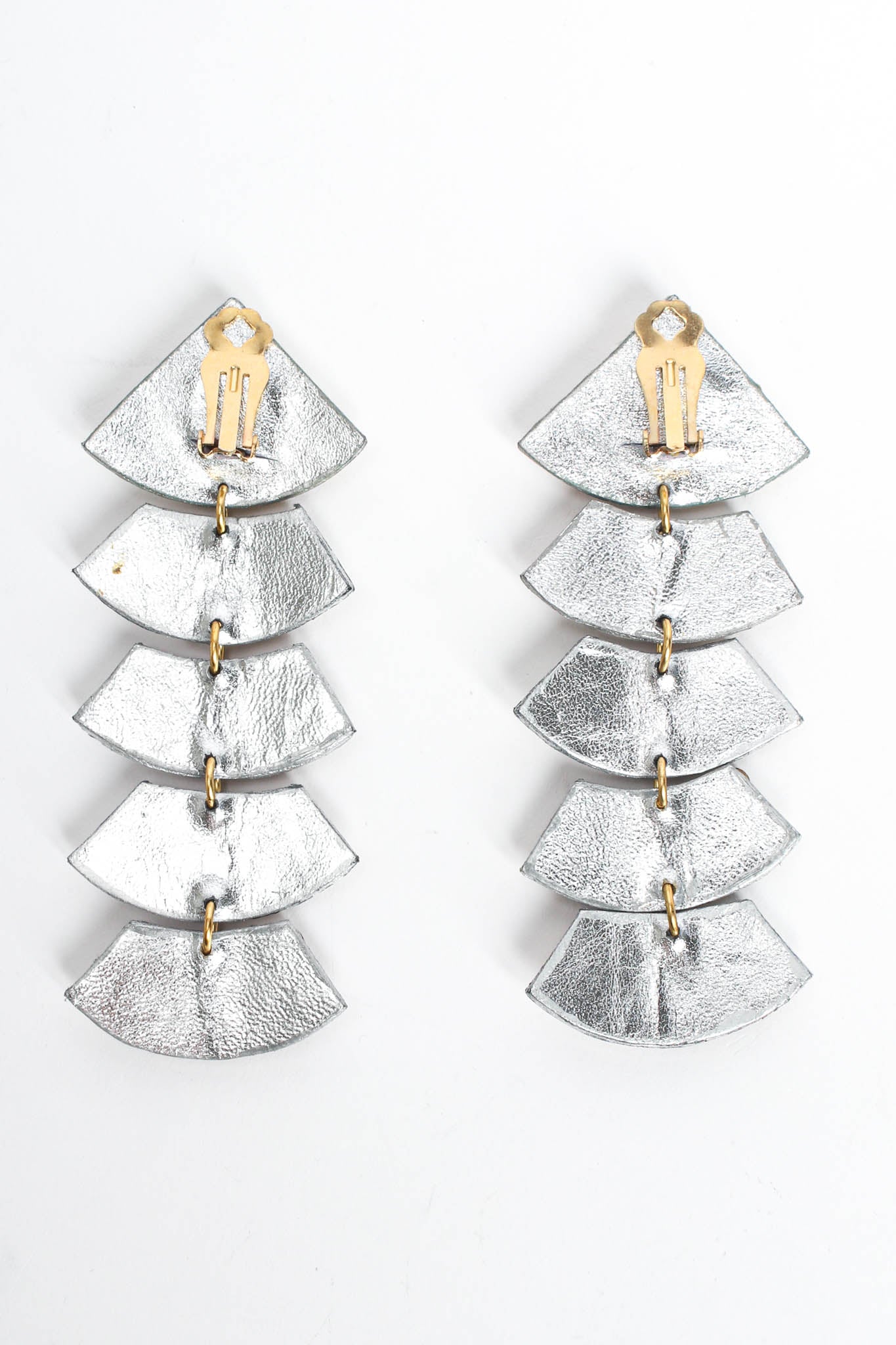 Vintage Metallic Silver Leather Geo Rhinestone Earrings back @ Recess LA