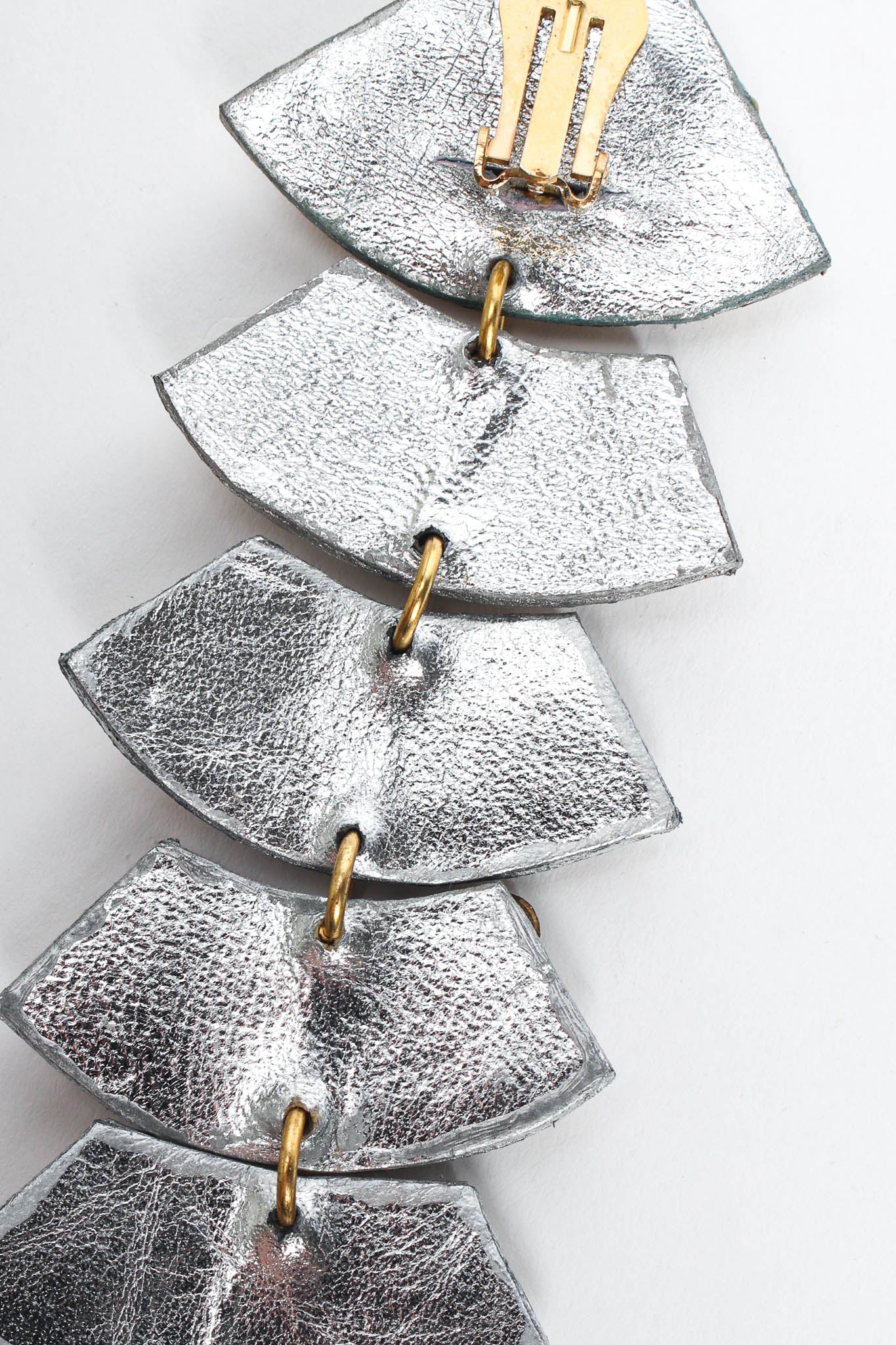 Vintage Metallic Silver Leather Geo Rhinestone Earrings back @ Recess LA