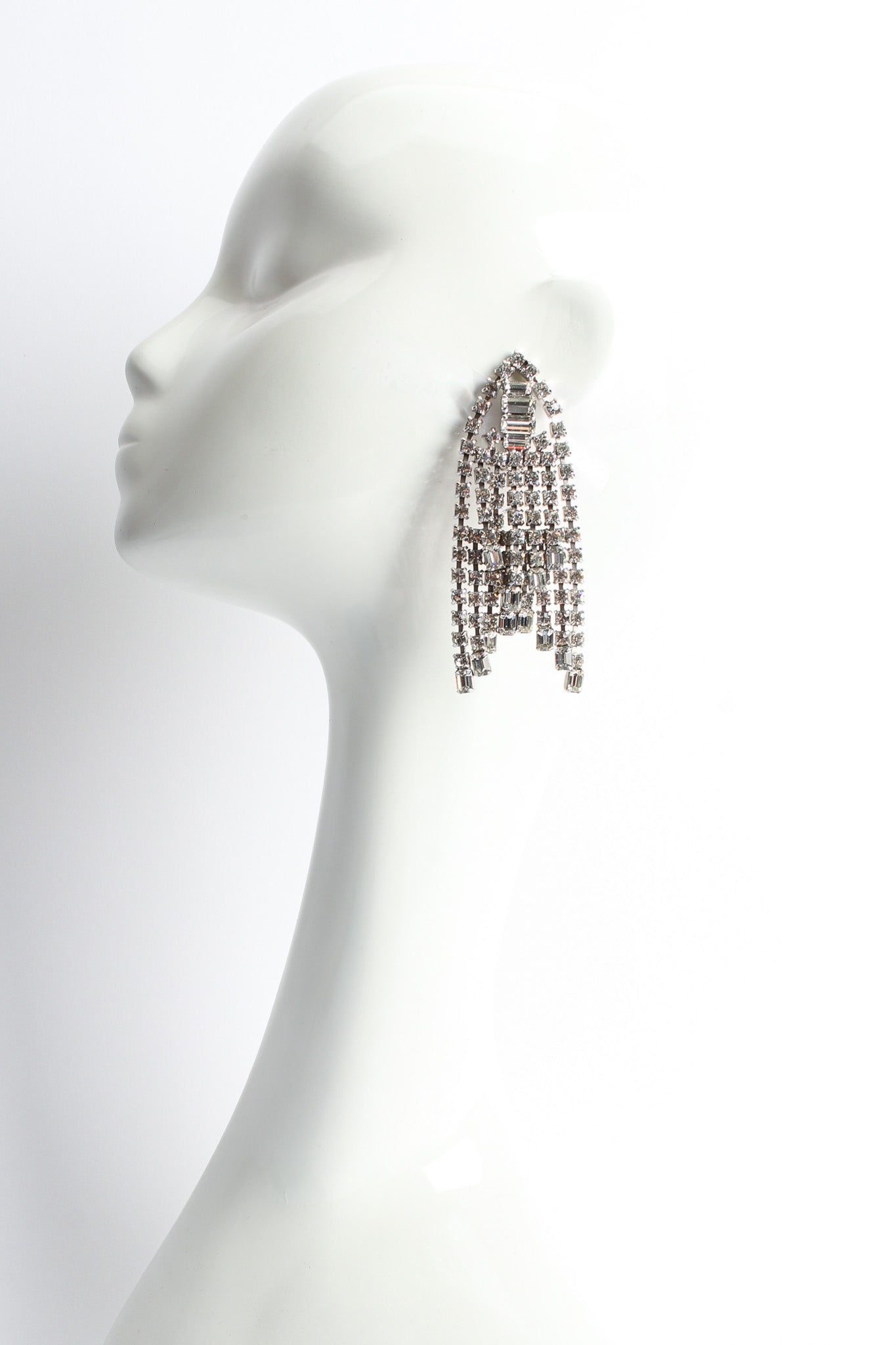 Vintage Triangle Rhinestone Waterfall Earrings on mannequin @ Recess LA