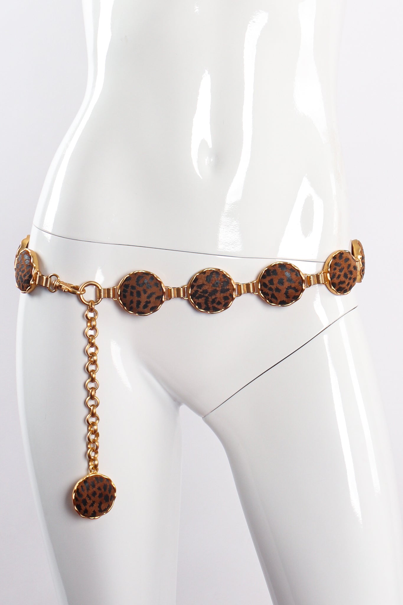 Vintage Cheetah Suede Medallion Chain Belt on mannequin at Recess Los Angeles