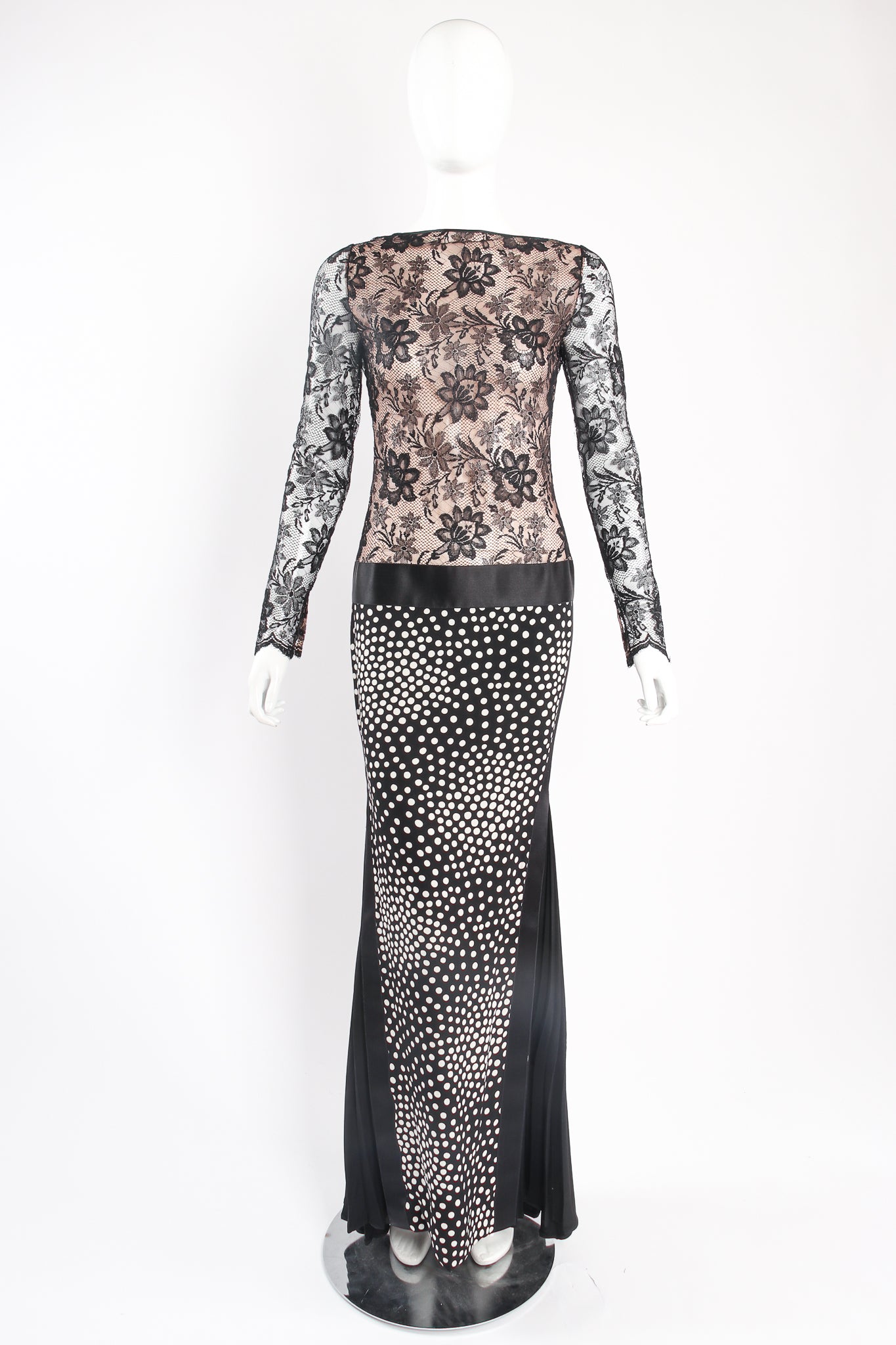 Vintage Unsigned Galanos Lace Drop Waist Contour Collage Gown on mannequin front at Recess LA