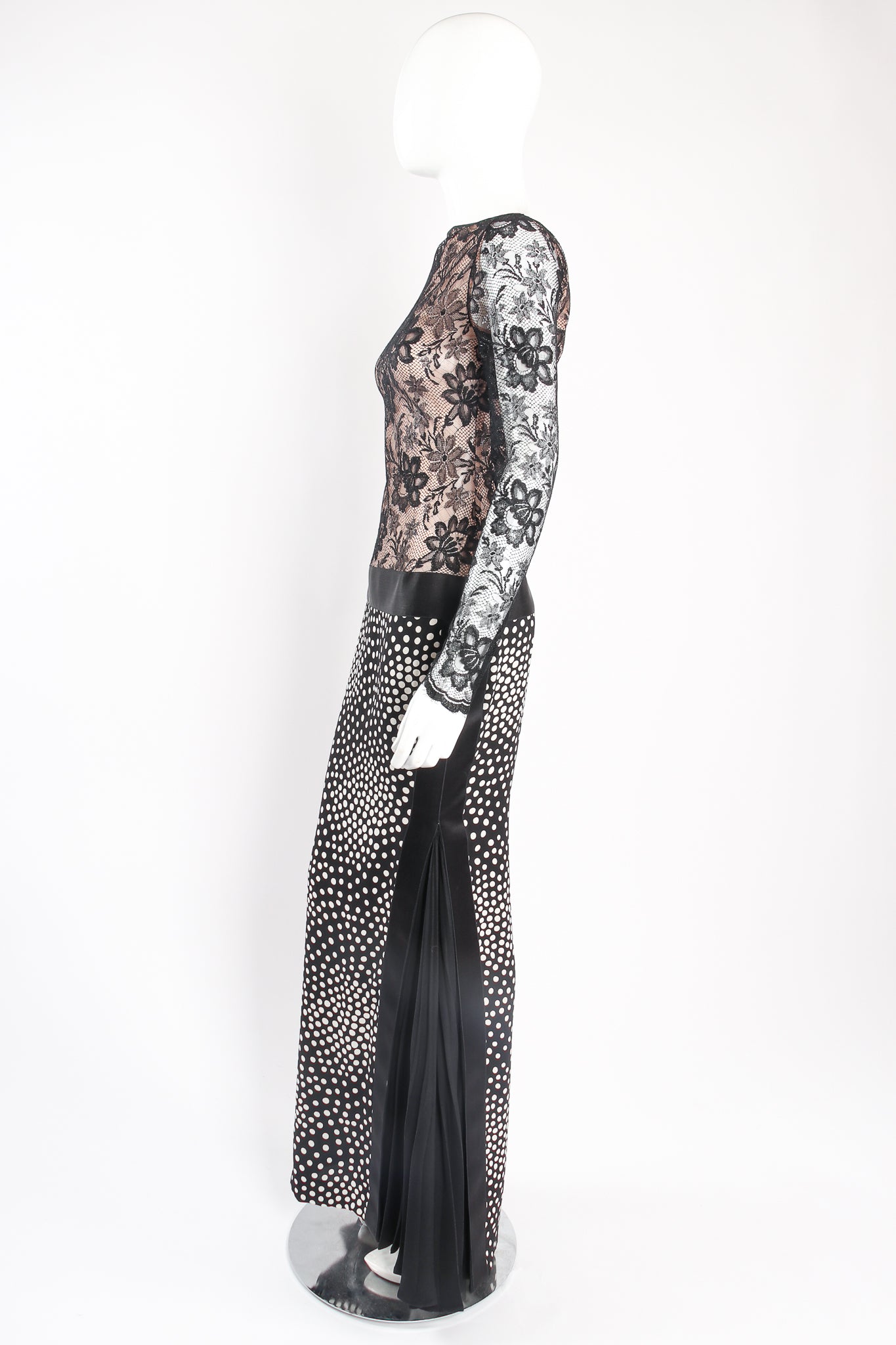 Vintage Unsigned Galanos Lace Drop Waist Contour Collage Gown on mannequin side at Recess LA