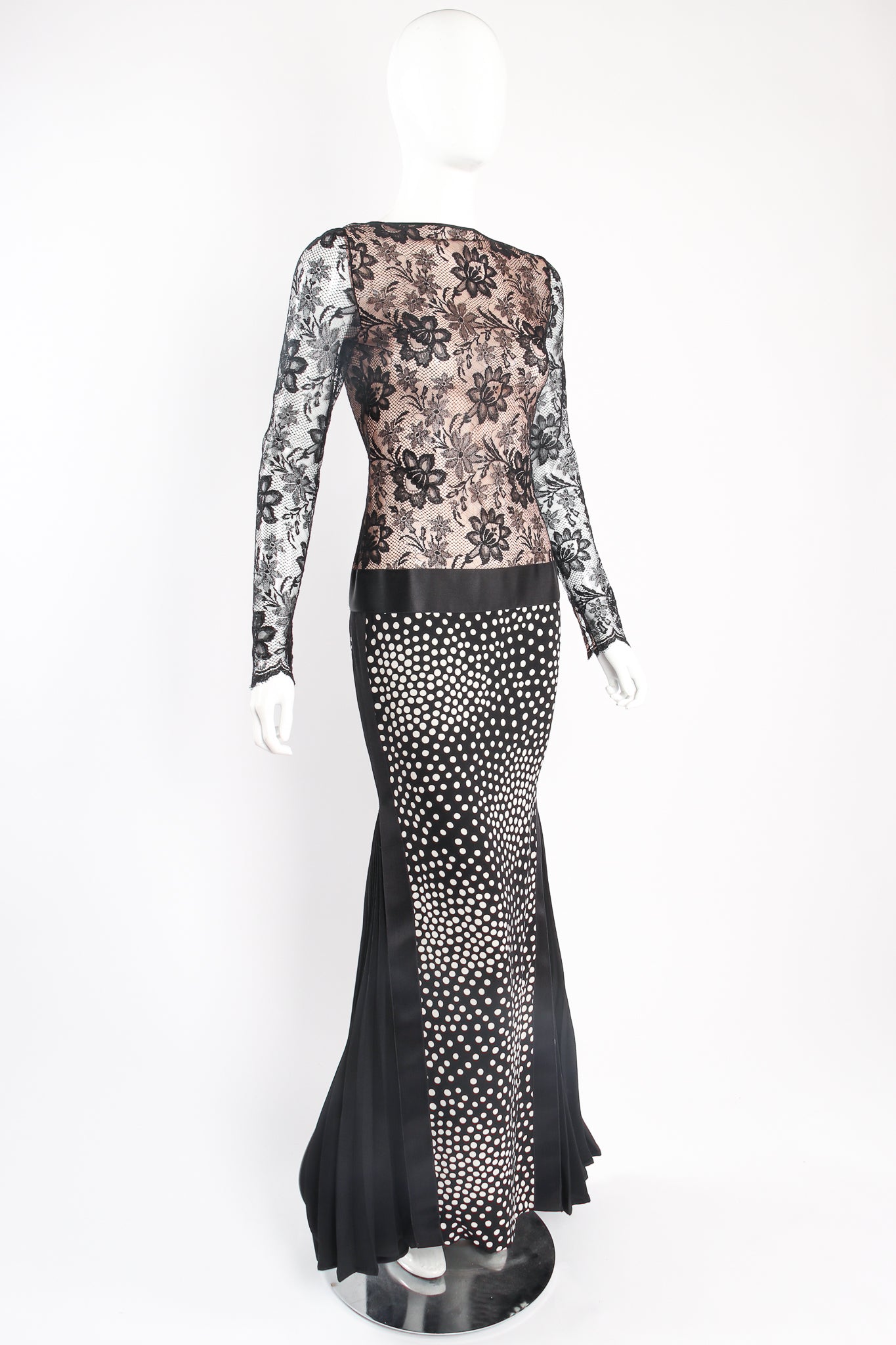 Vintage Unsigned Galanos Lace Drop Waist Contour Collage Gown on mannequin angle at Recess LA
