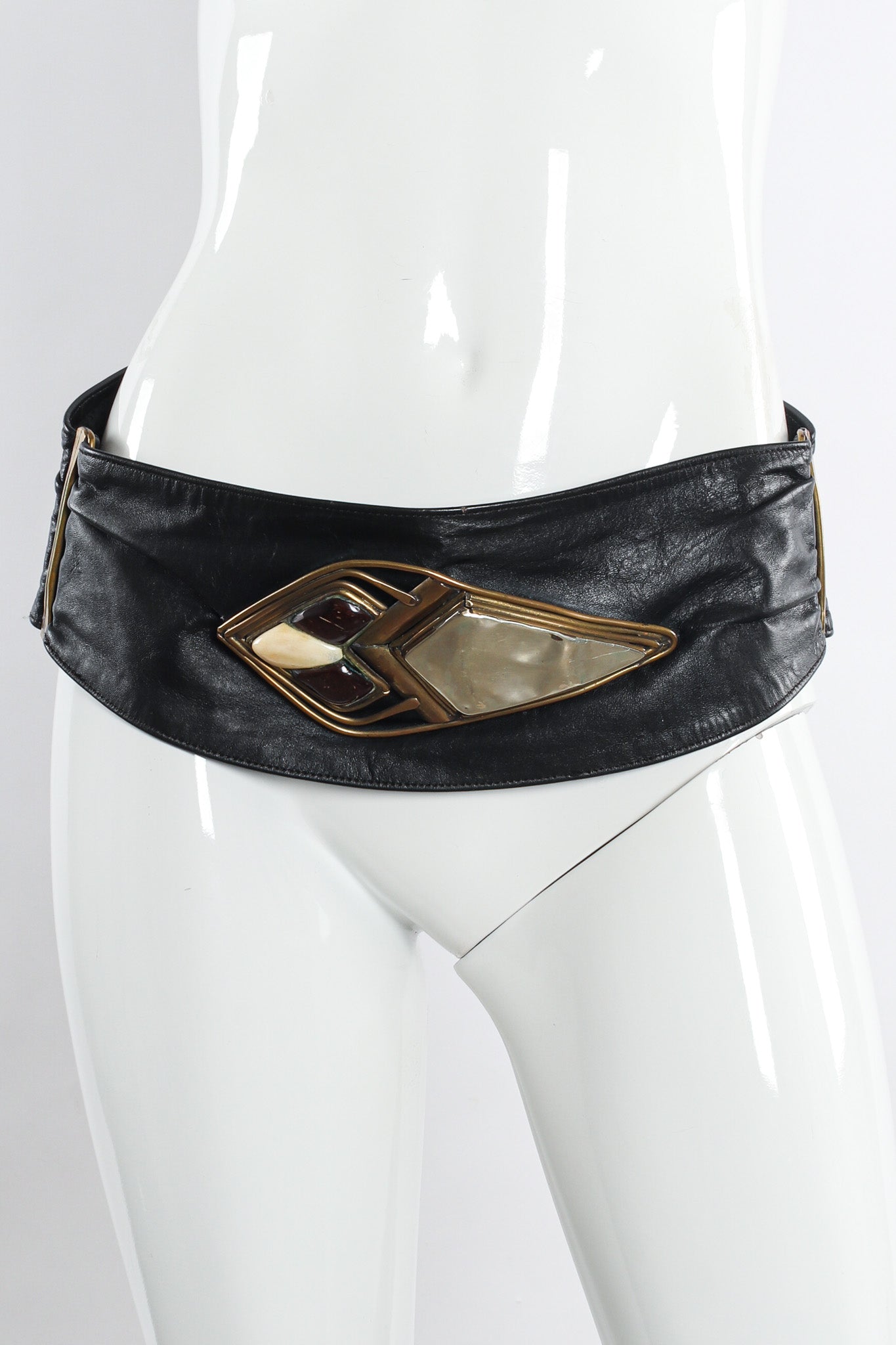 Soft wide leather sash belt with bronze set stones and hammered metal on mannequin @recessla