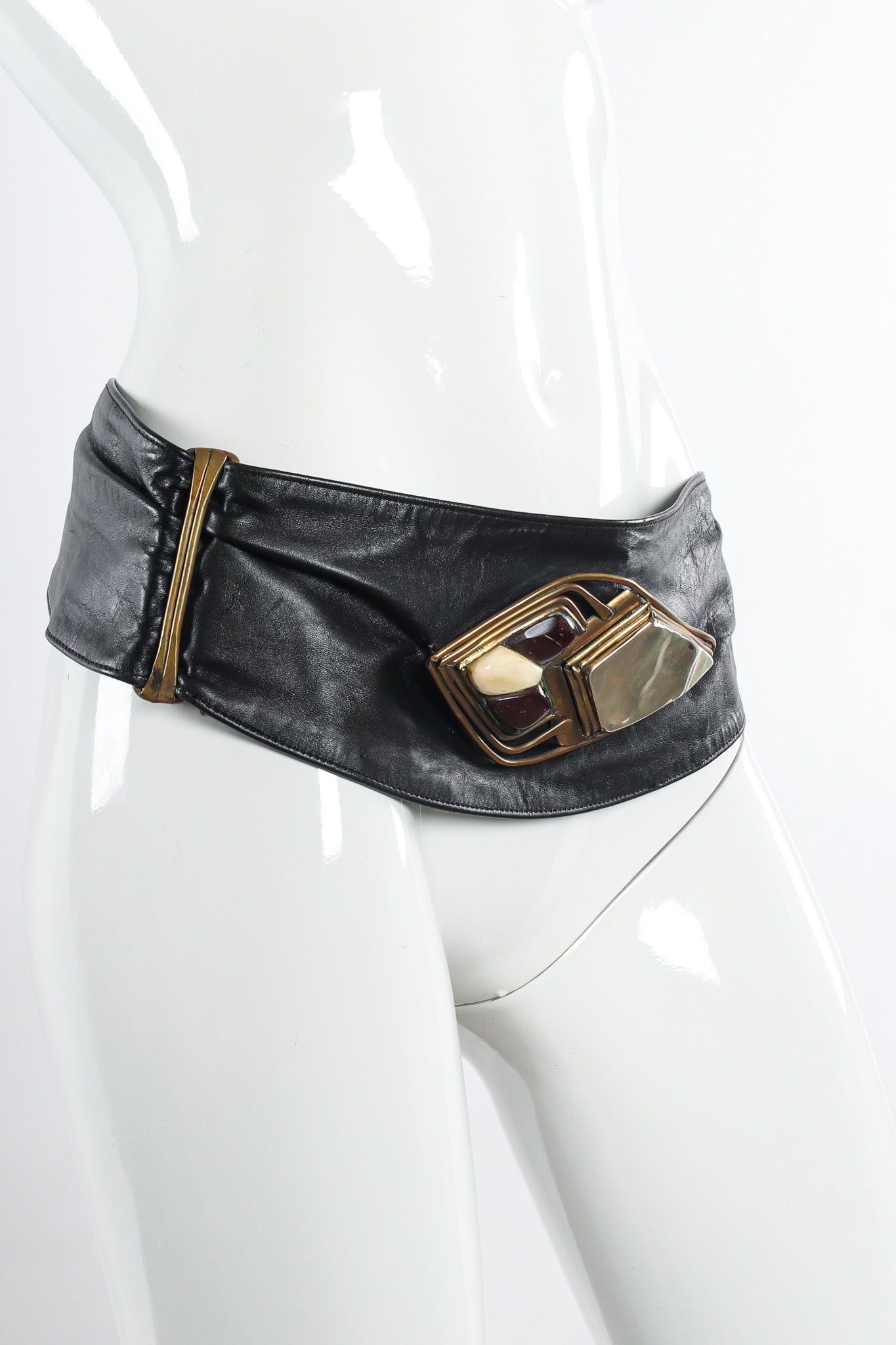 Soft wide leather sash belt with bronze set stones and hammered metal mannequin side @recessla