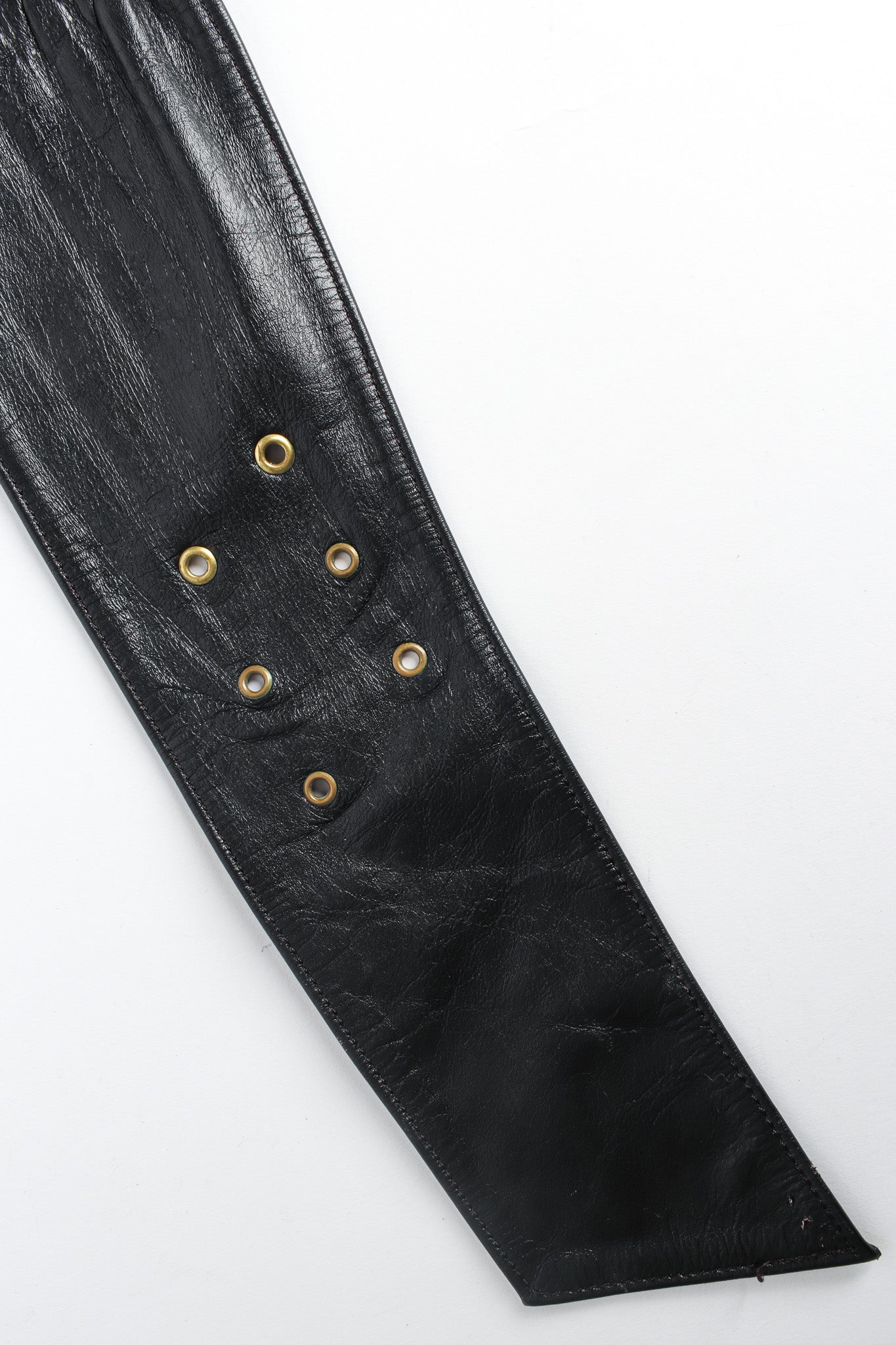 Soft wide leather sash belt with bronze set stones and hammered metal prong holes close @recessla