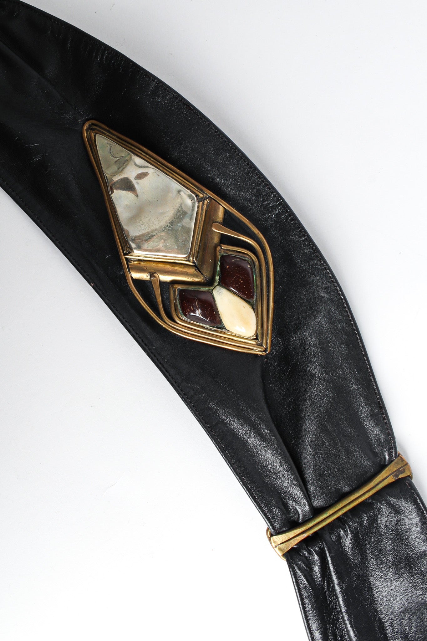 Soft wide leather sash belt with bronze set stones and centerpiece close @recessla