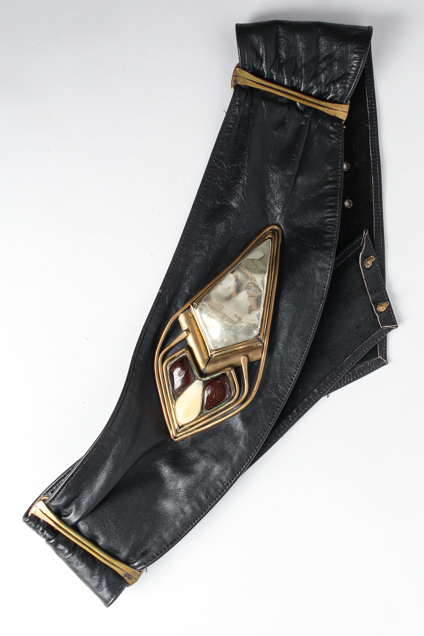 Soft wide leather sash belt with bronze set stones and hammered metal flat lay loop @recessla
