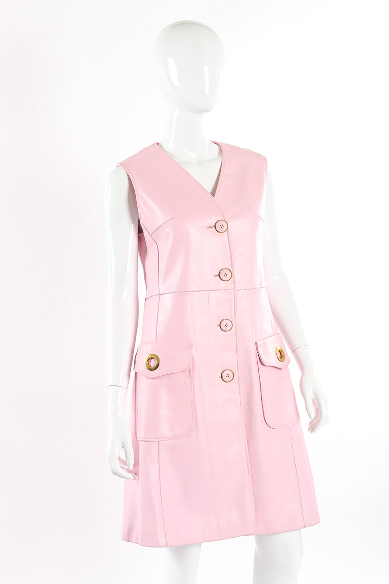 Vintage baby pink leather button front pinafore dress front mannequin 3/4 view @recessla