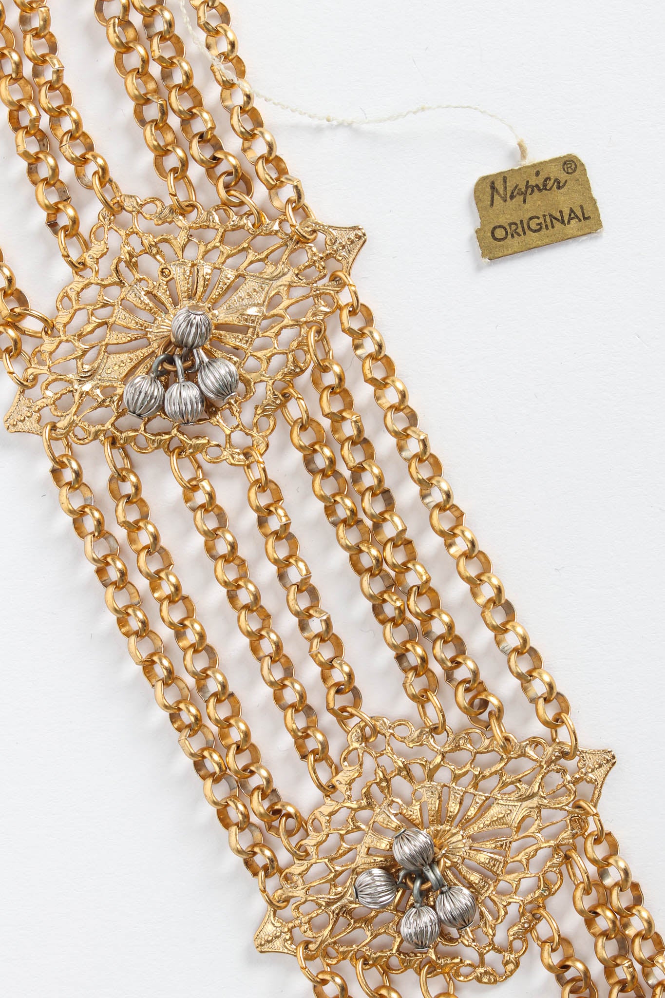 Vintage Napier Filigree Pom Waterfall Necklace tag/light discoloration links @ Recess Los Angeles