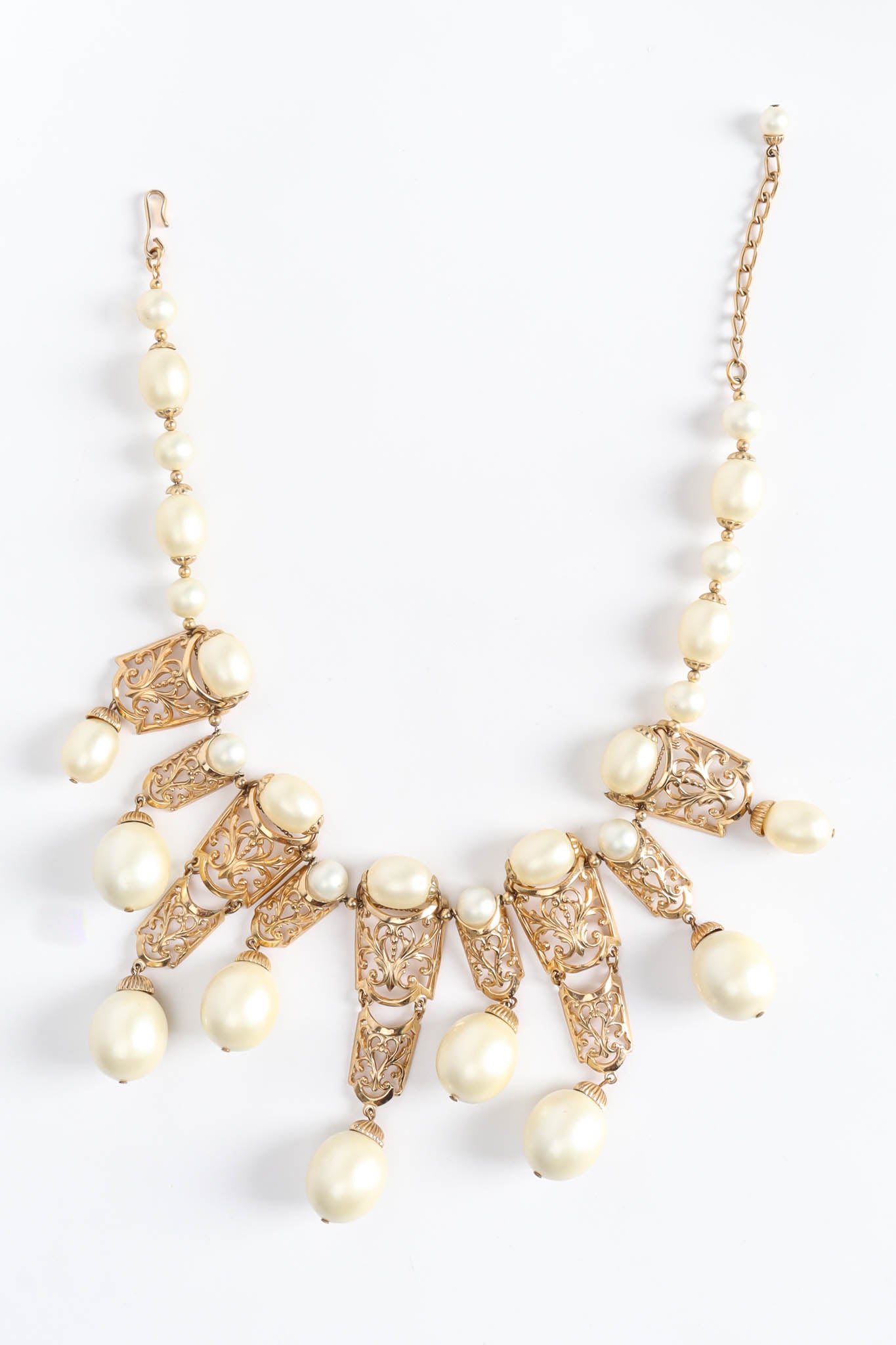 Vintage Napier Fleur Lace Filigree Pearl Necklace front unclasped @ Recess Los Angeles