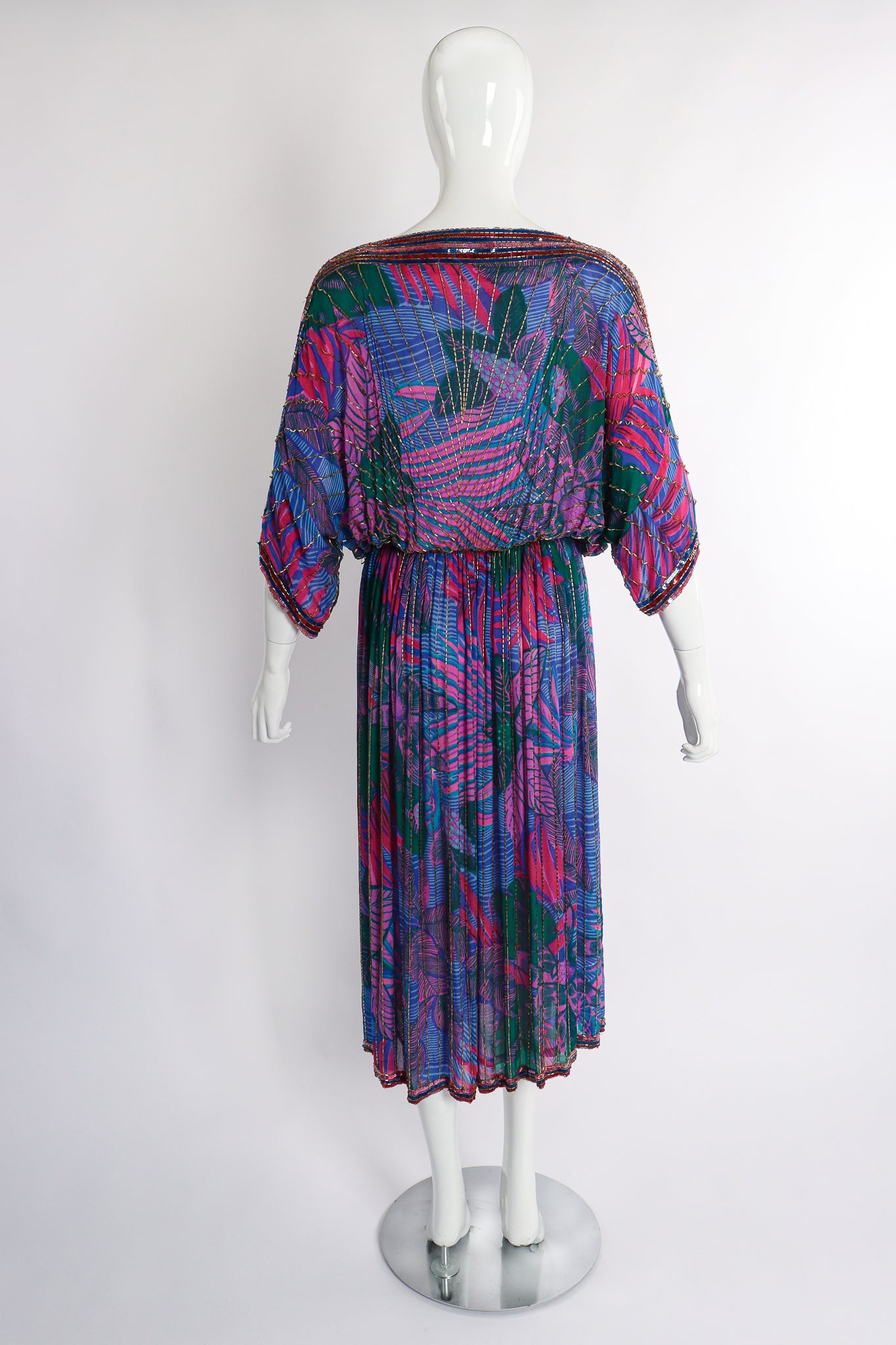 Vintage Judith Ann Creations Beaded Palm Print Dress on Mannequin back at Recess Los Angeles
