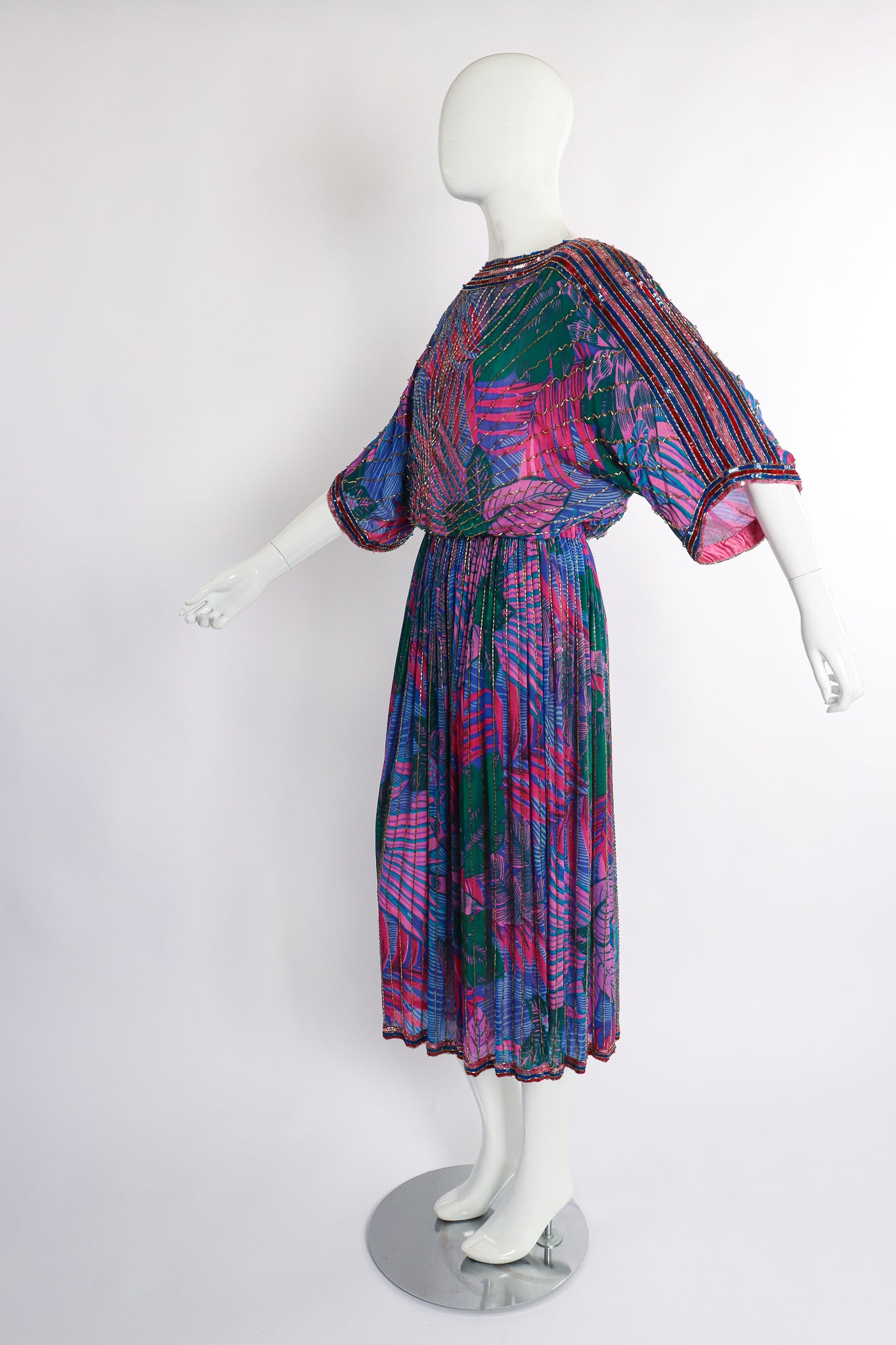 Vintage Judith Ann Creations Beaded Palm Print Dress on Mannequin side at Recess Los Angeles