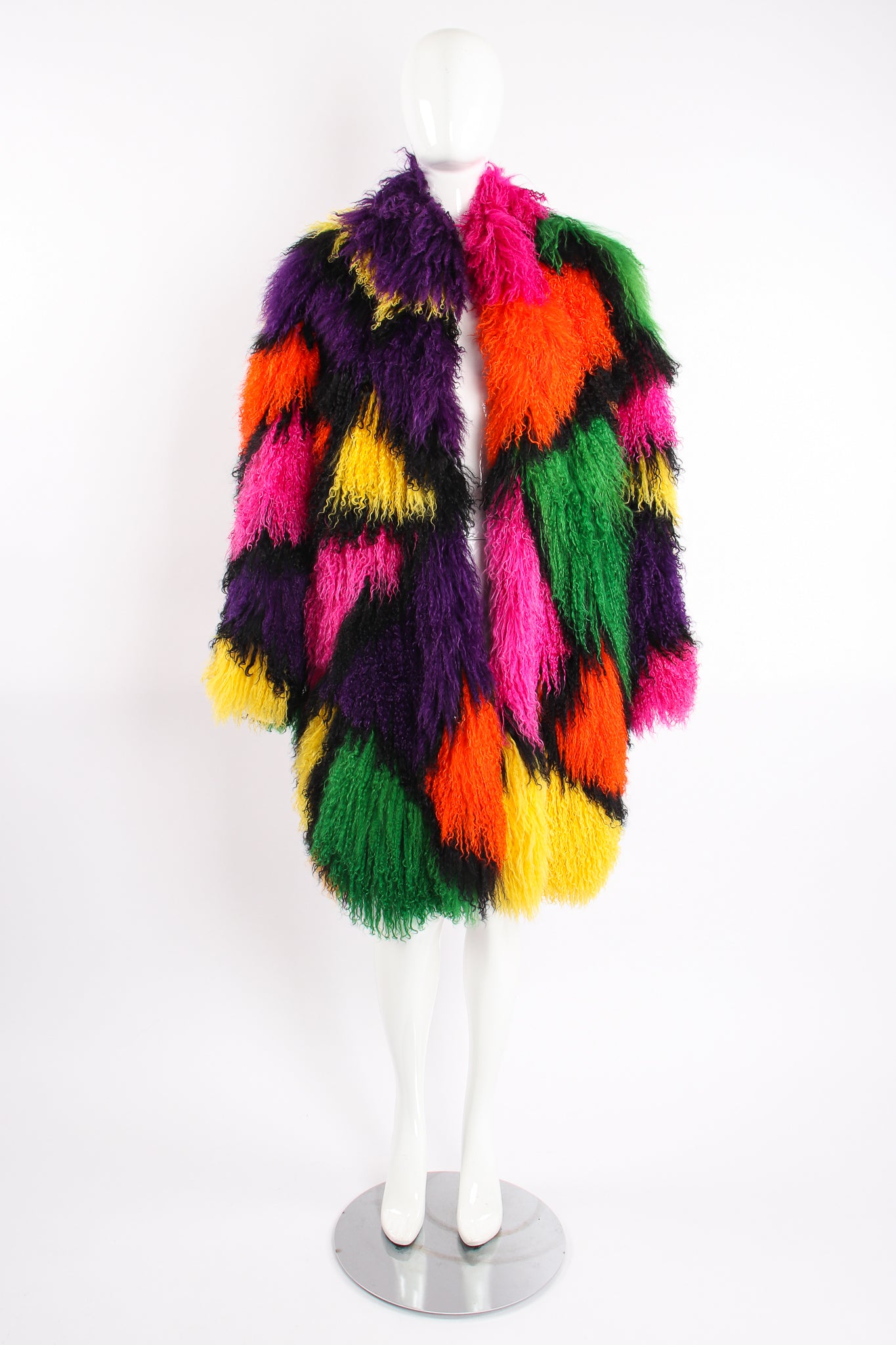 Vintage Neiman Marcus Rainbow Mosaic Mongolian Fur Coat on mannequin Front at Recess Los Angeles