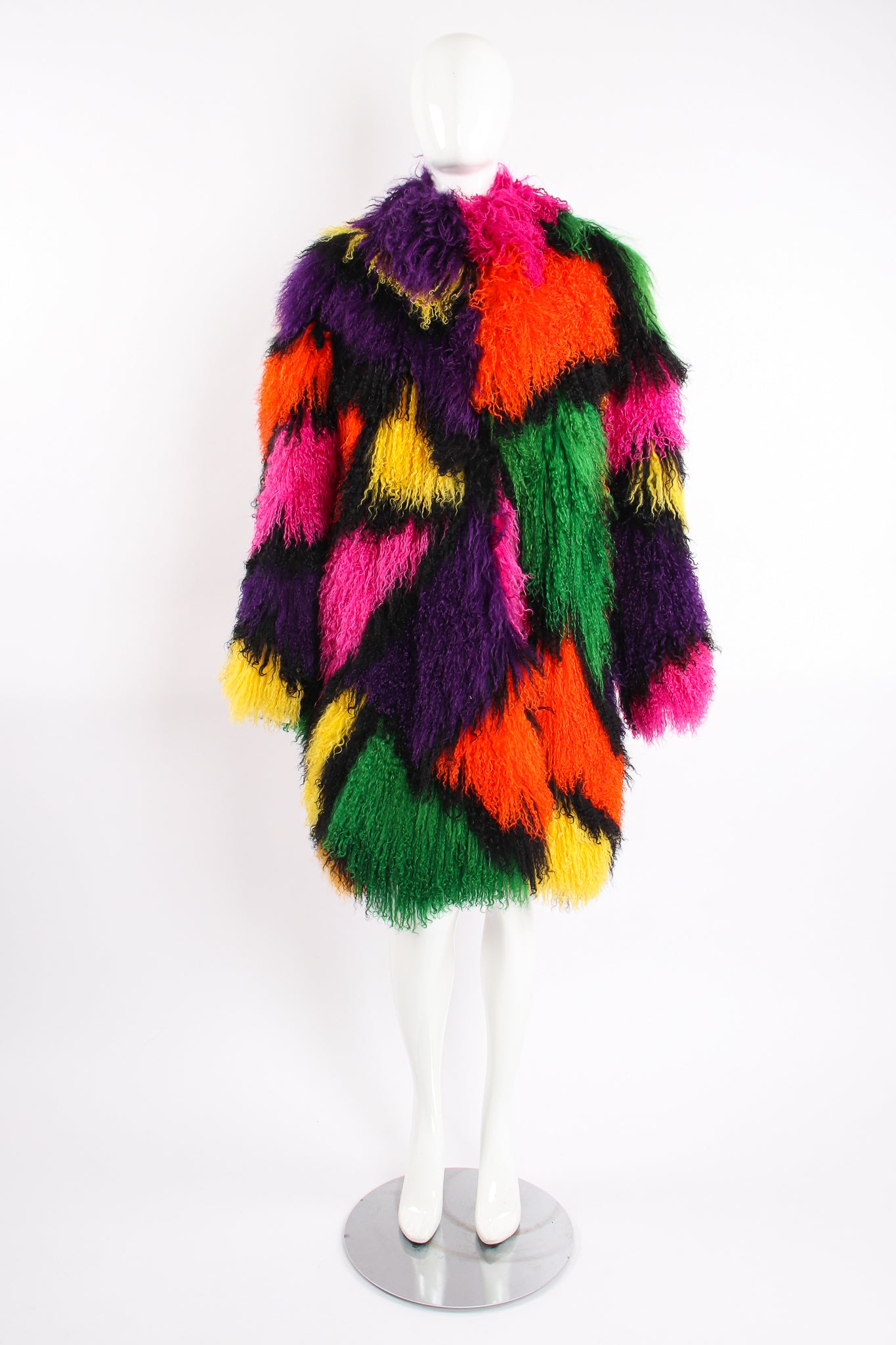 Vintage Neiman Marcus Rainbow Mosaic Mongolian Fur Coat on mannequin Front closed at Recess LA