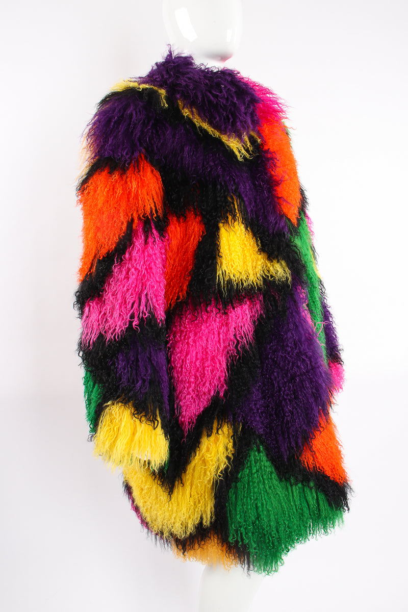 Vintage Neiman Marcus Rainbow Mosaic Mongolian Fur Coat on mannequin crop at Recess Los Angeles