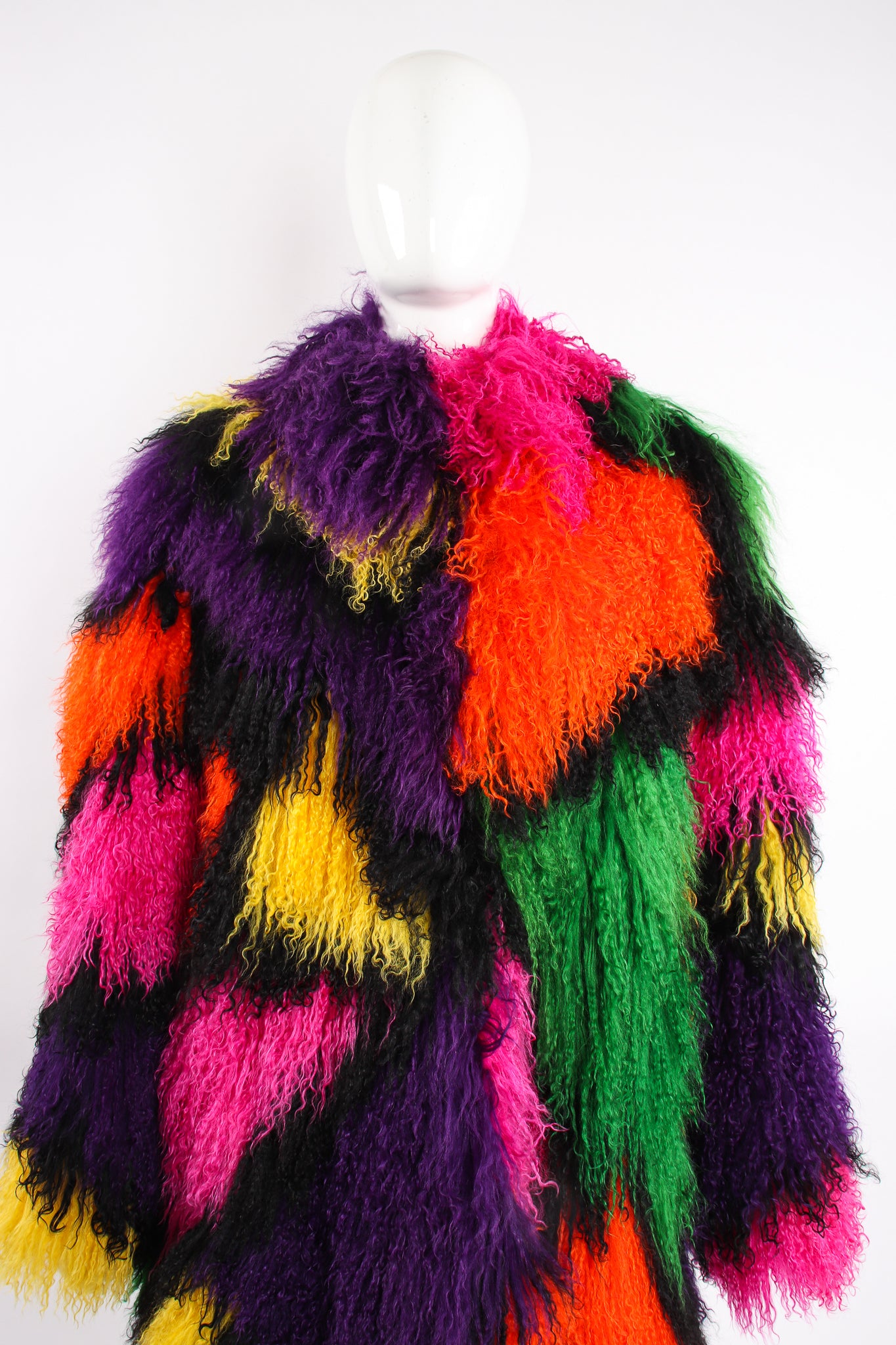 Vintage Neiman Marcus Rainbow Mosaic Mongolian Fur Coat on mannequin Front crop at Recess LA