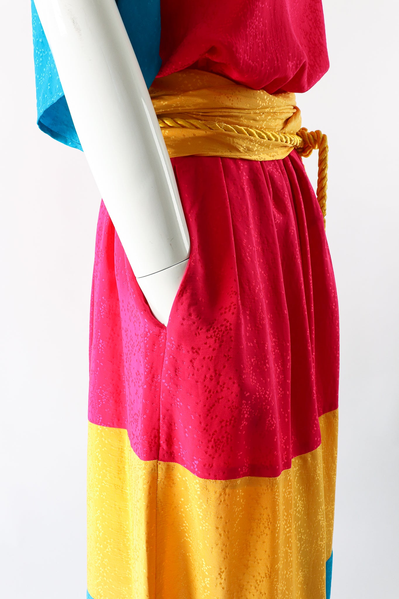Vintage Neiman Marcus Silk Tiered Top & Skirt Set on Mannequin pockets at Recess Los Angeles