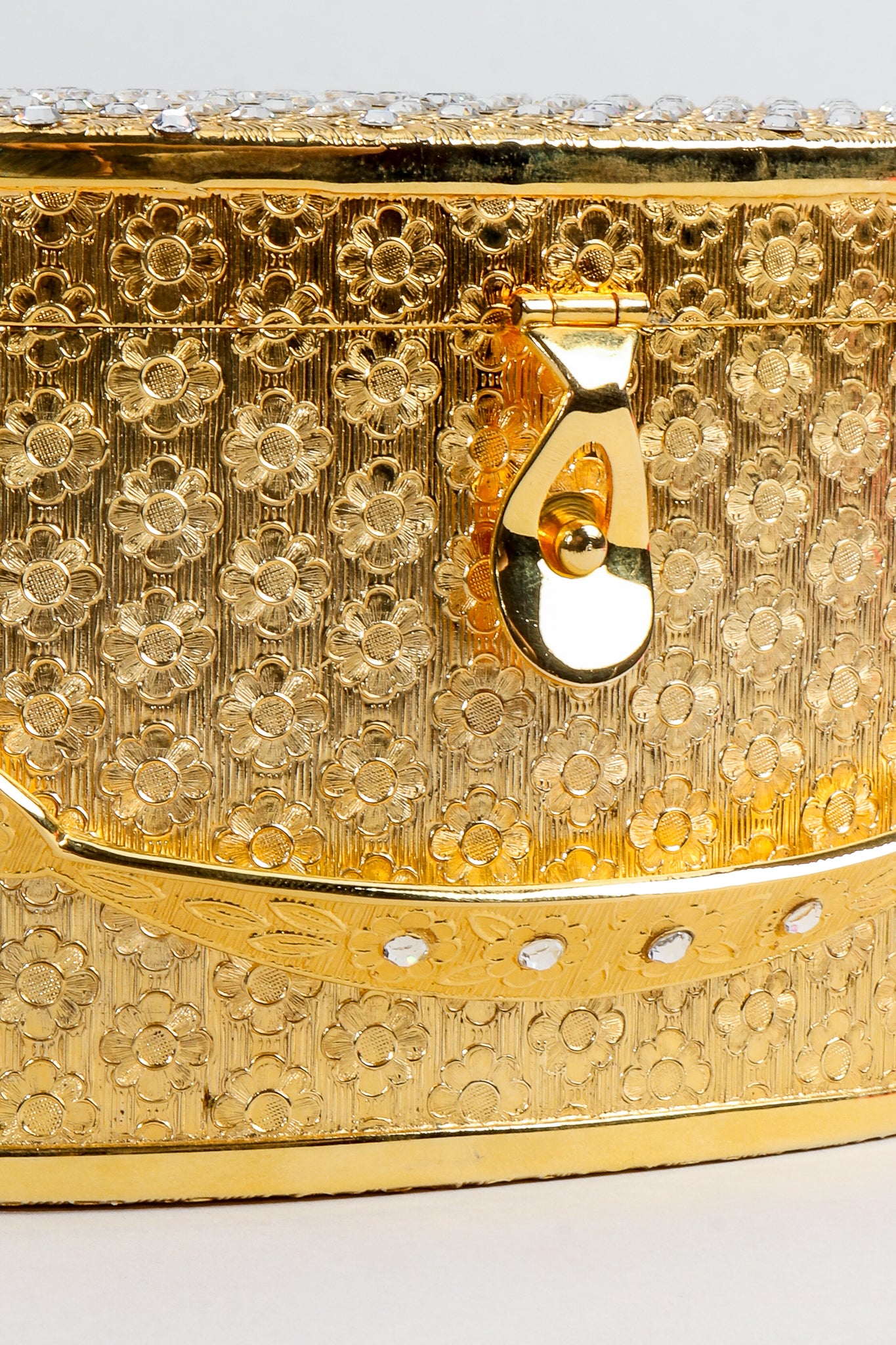 Vintage Neiman Marcus Gold Metal Floral Vanity Case Box Bag clasp detail at Recess Los Angeles