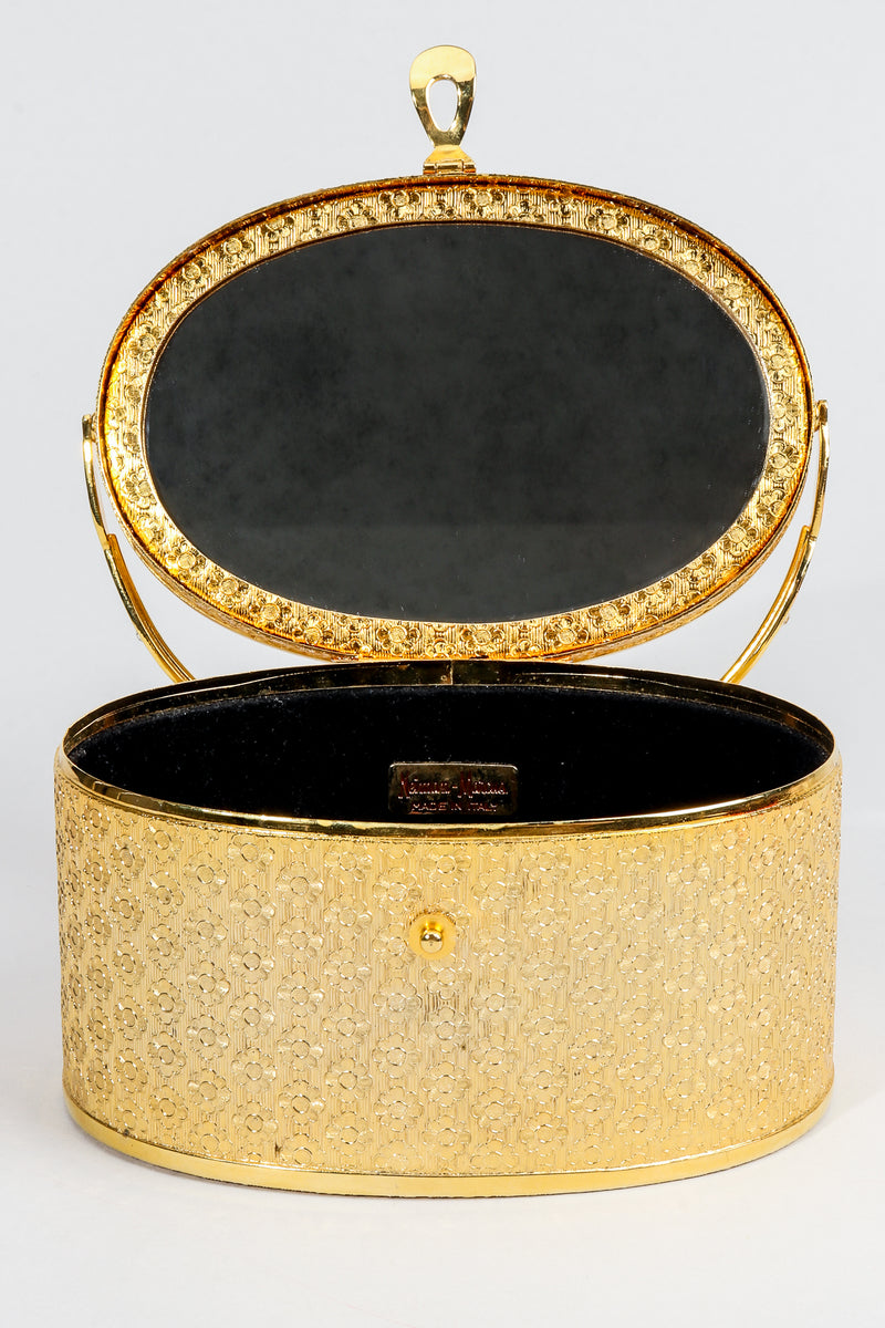 Vintage Neiman Marcus Gold Metal Floral Vanity Case Box Bag open at Recess Los Angeles