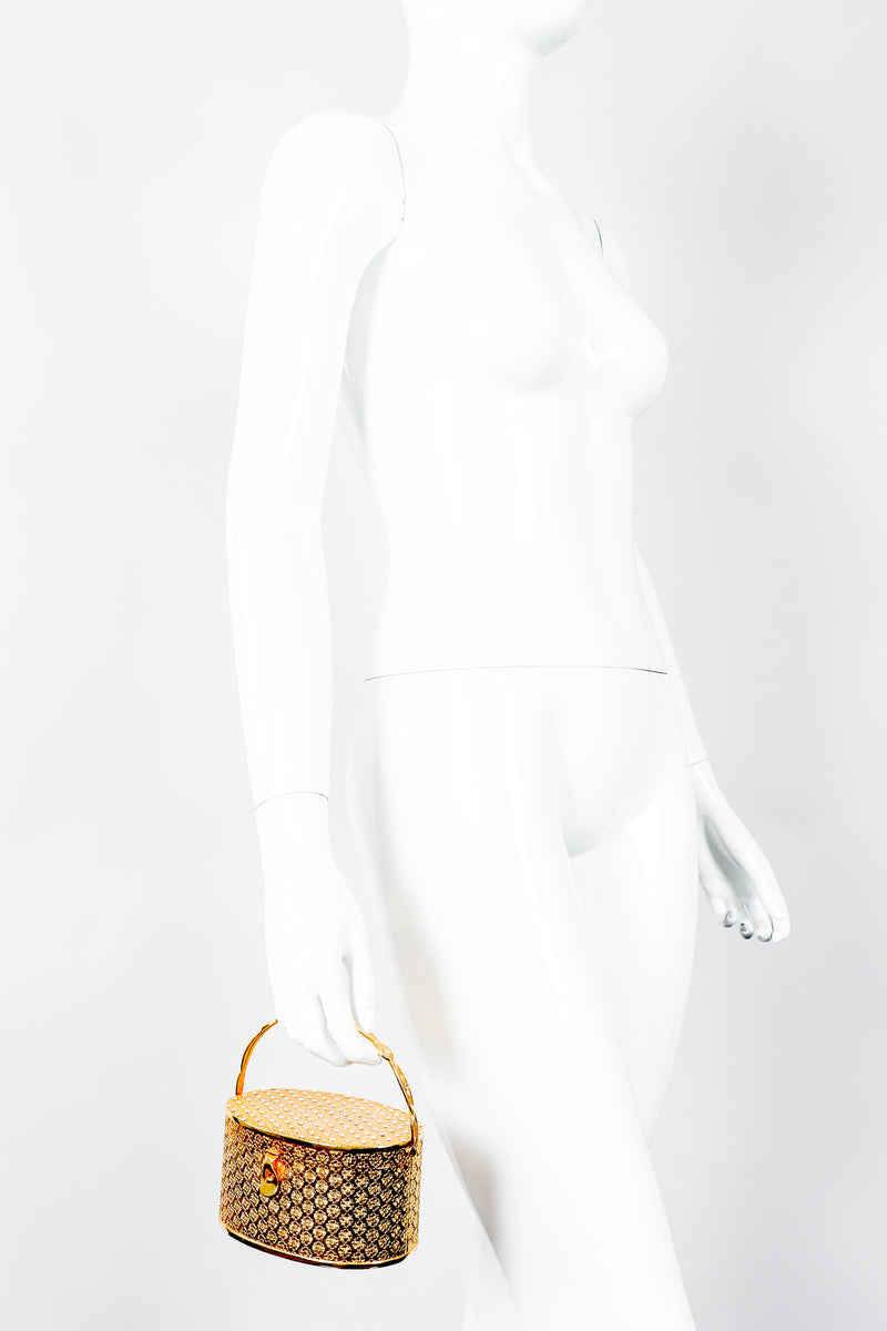 Vintage Neiman Marcus Gold Metal Floral Vanity Case Box Bag on mannequin